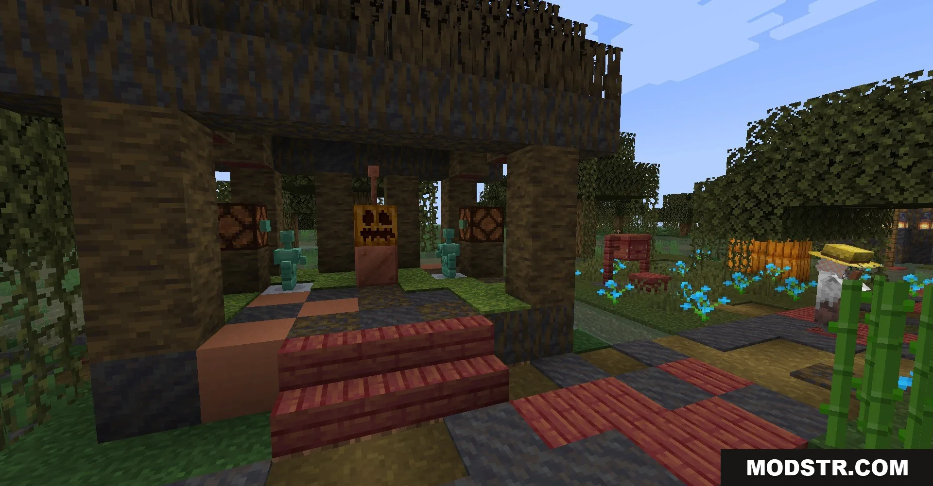 Copper Golems and a Beekeeper villager standing near a small wooden structure