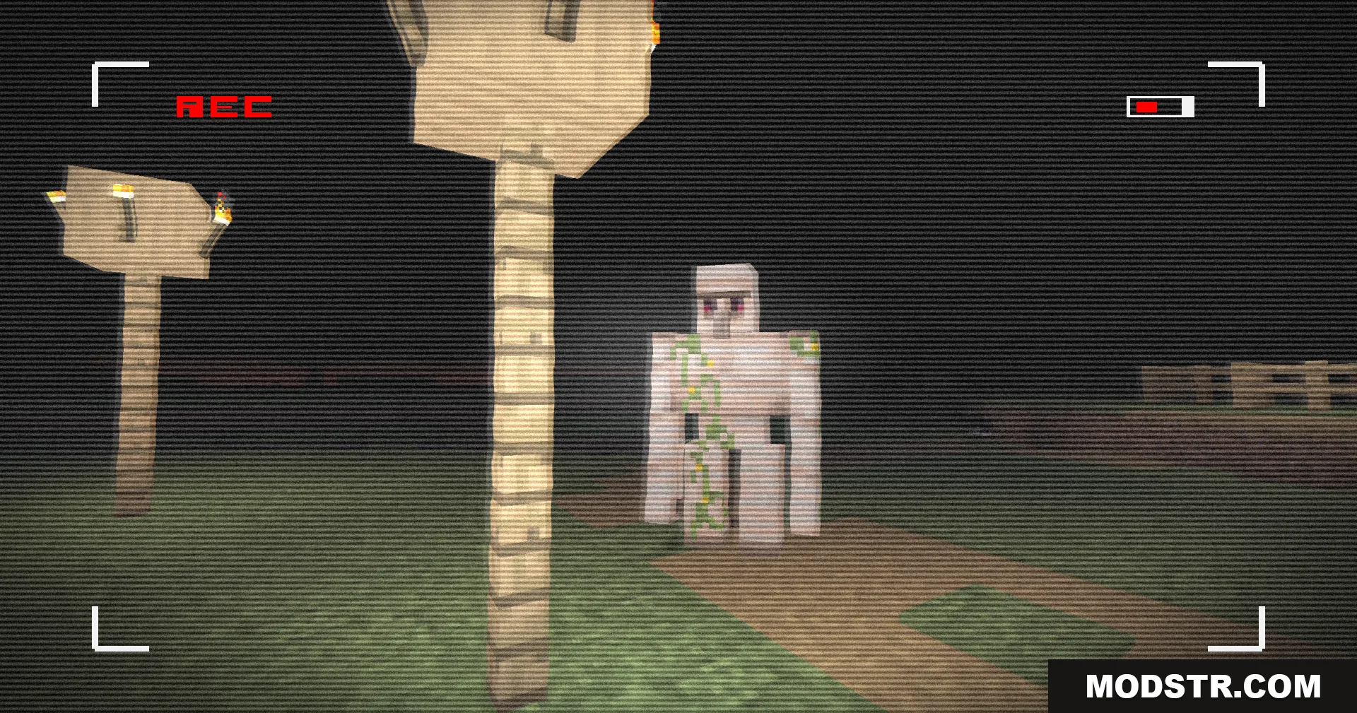 Retro VHS Screen Shaders Screenshot 6 Iron Golem standing in a village with a retro recording screen effect