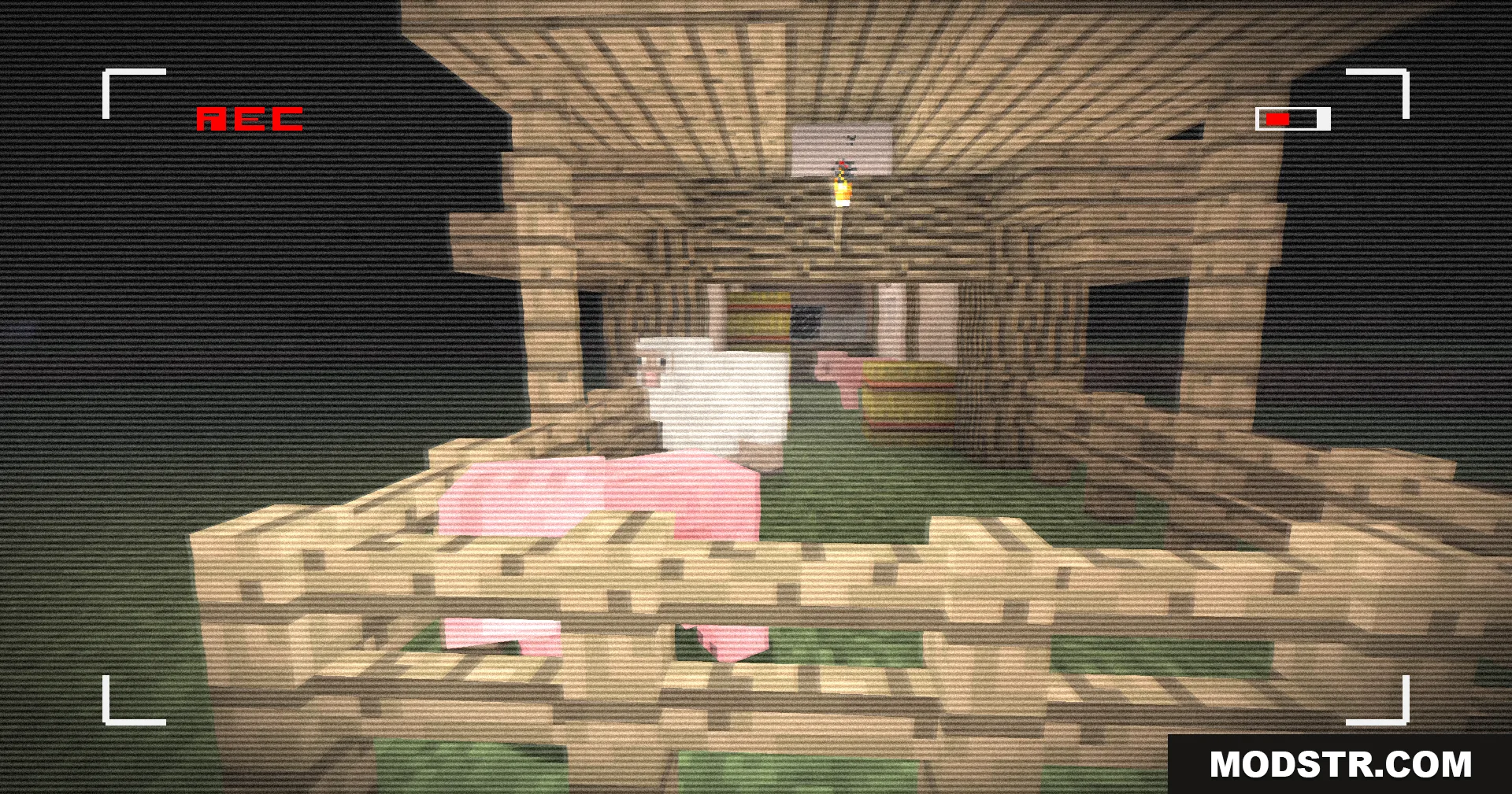 Retro VHS Screen Shaders Screenshot 7 Minecraft pig and sheep in a wooden pen with VHS recording overlay