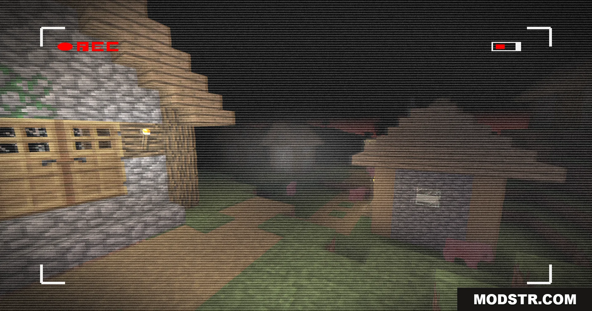 Retro VHS Screen Shaders Screenshot 5 Minecraft village at night viewed through a vintage VHS camcorder filter
