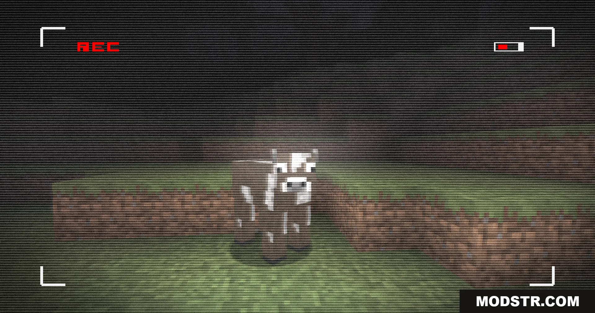 Retro VHS Screen Shaders Screenshot 3 A Minecraft cow standing in the dark with a retro VHS camera filter