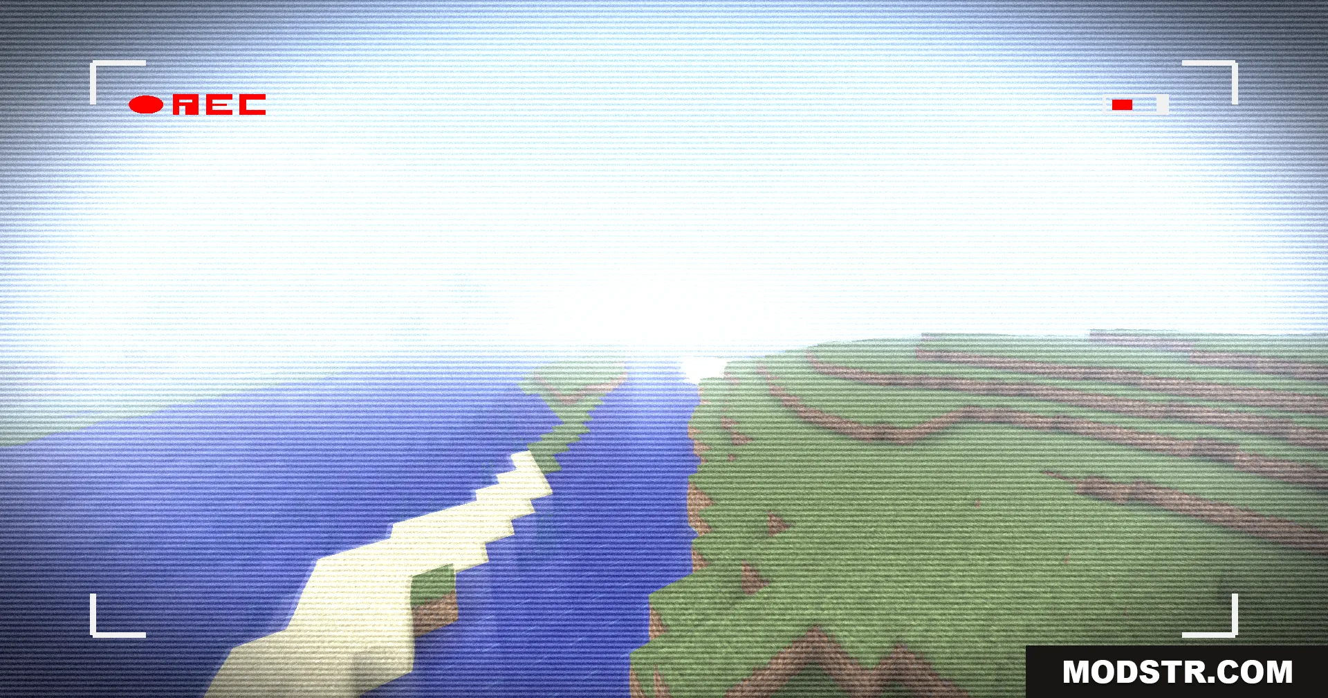 Retro VHS Screen Shaders Screenshot 2 Minecraft coastline captured with a vintage camcorder recording effect