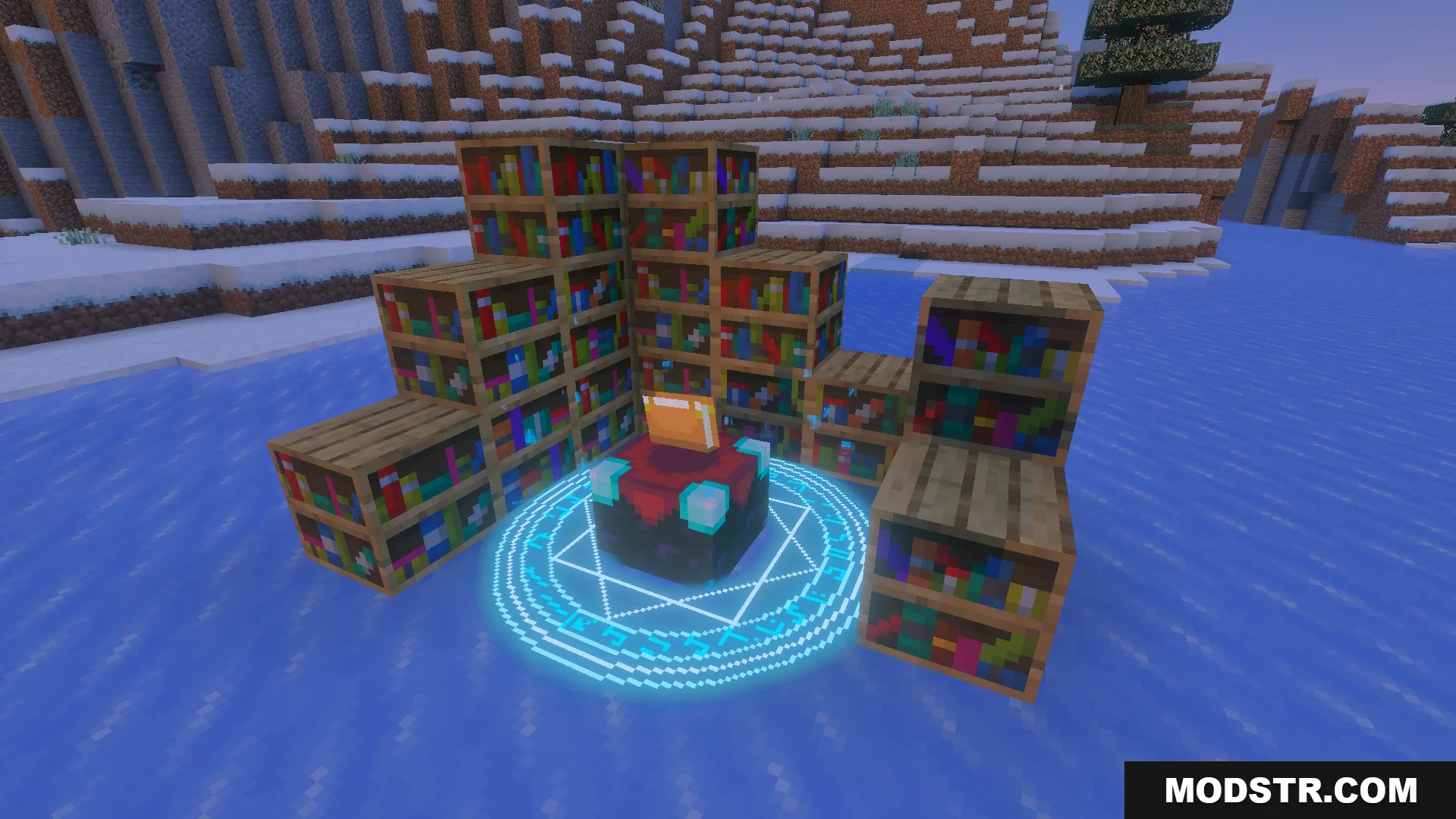 ReWave Texture Pack Screenshot 2 Enchantment table on ice surrounded by bookshelves with a glowing blue particle effect