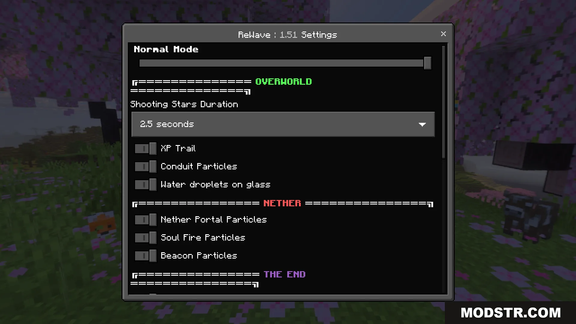 ReWave Texture Pack Screenshot 1 Custom settings menu for ReWave texture pack with options for different game dimensions