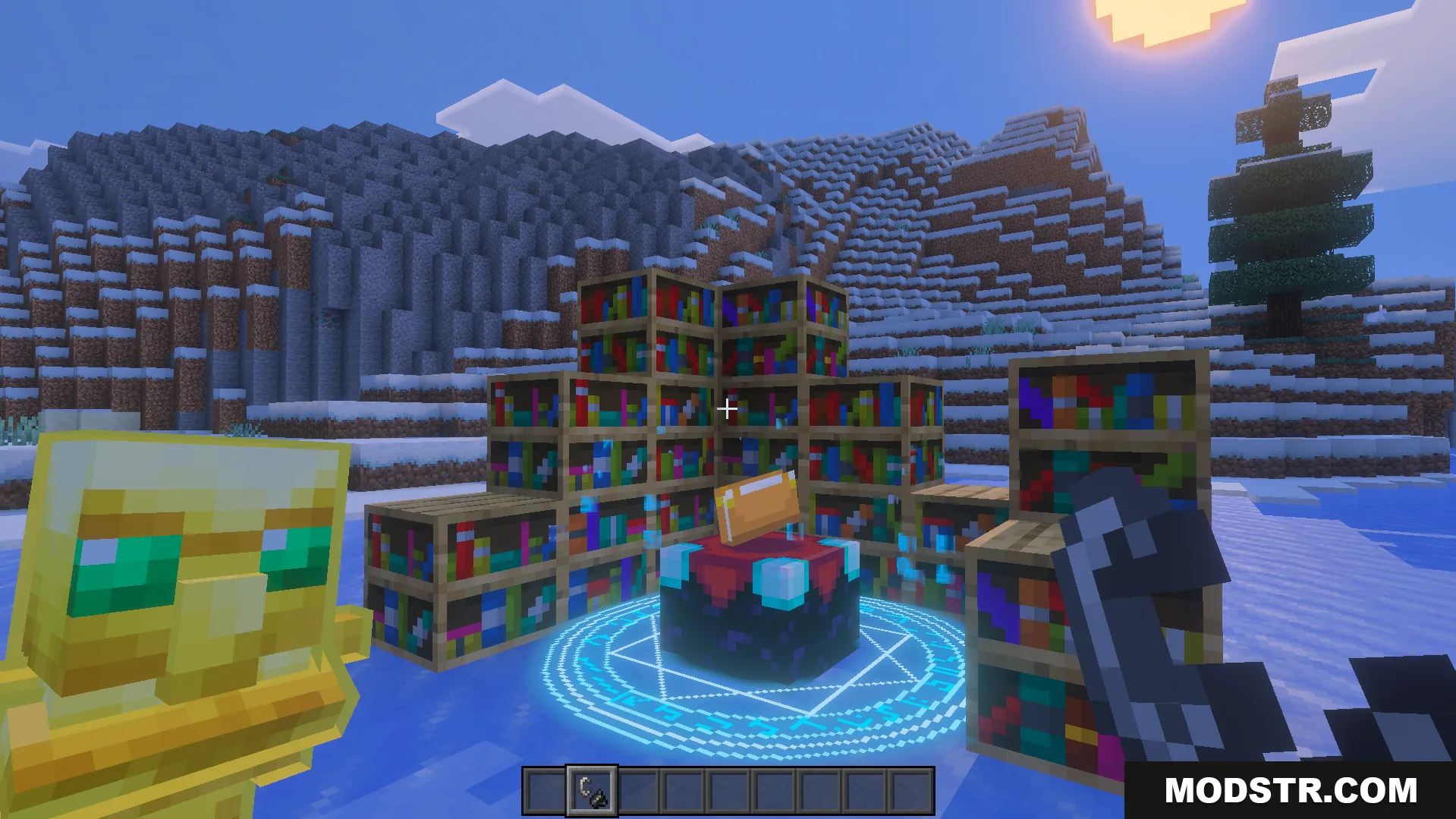 ReWave Texture Pack Screenshot 4 Enchantment table with blue particles and updated textures in a snowy biome