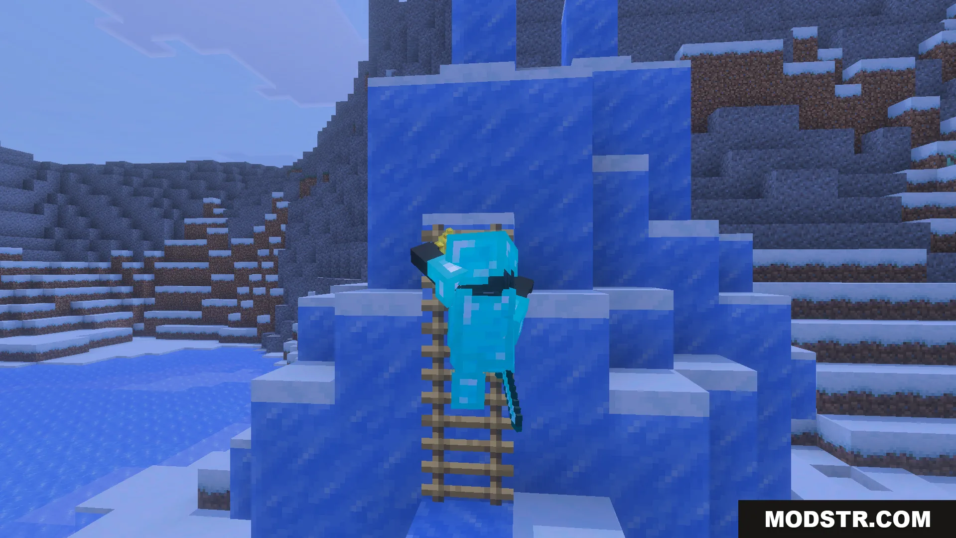 ReWave Texture Pack Screenshot 8 Character wearing diamond armor climbing a wooden ladder on a tall blue ice pillar