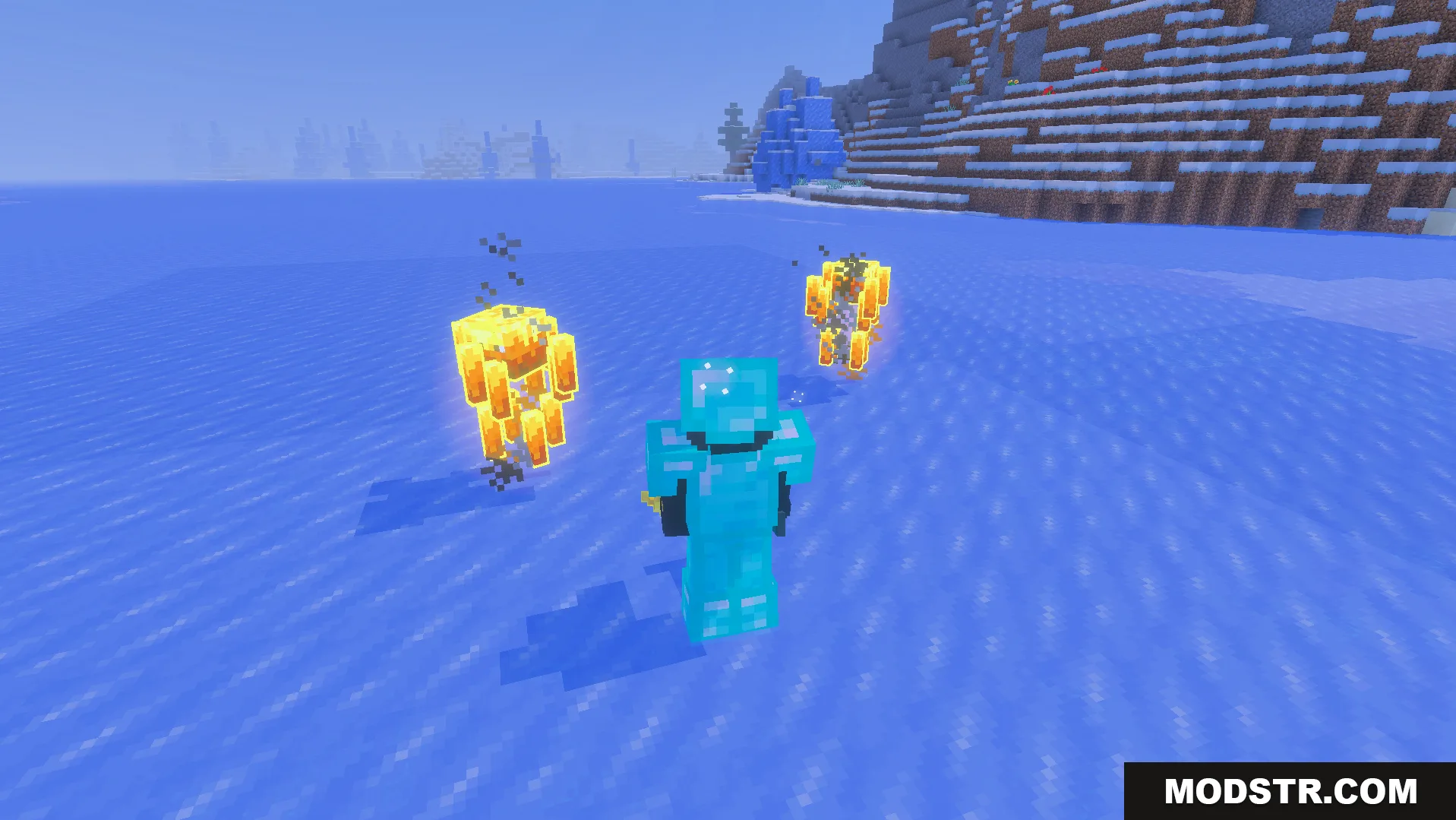 ReWave Texture Pack Screenshot 7 Player wearing diamond armor standing near blazes on ice with custom biome fog