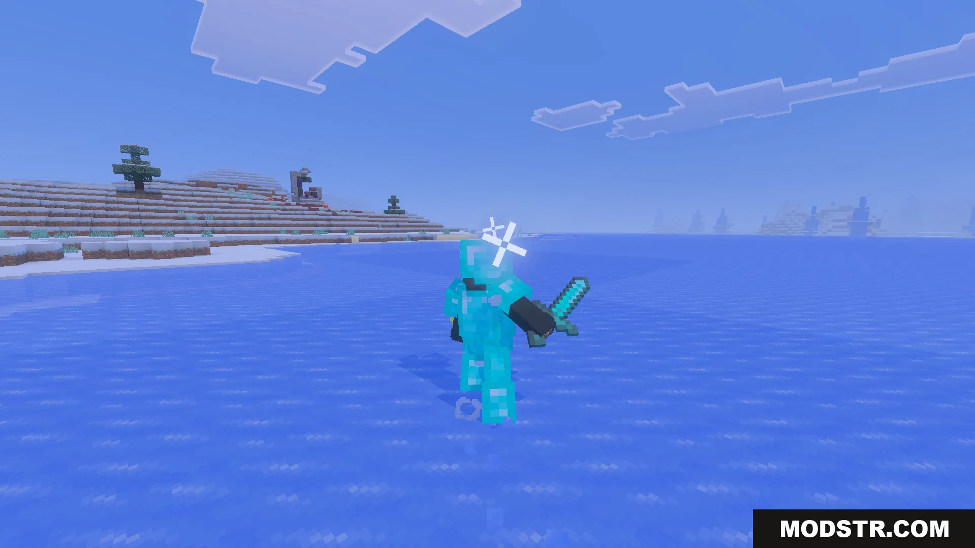ReWave Texture Pack Screenshot 6 Player holding a diamond sword on ice showing custom white star particles