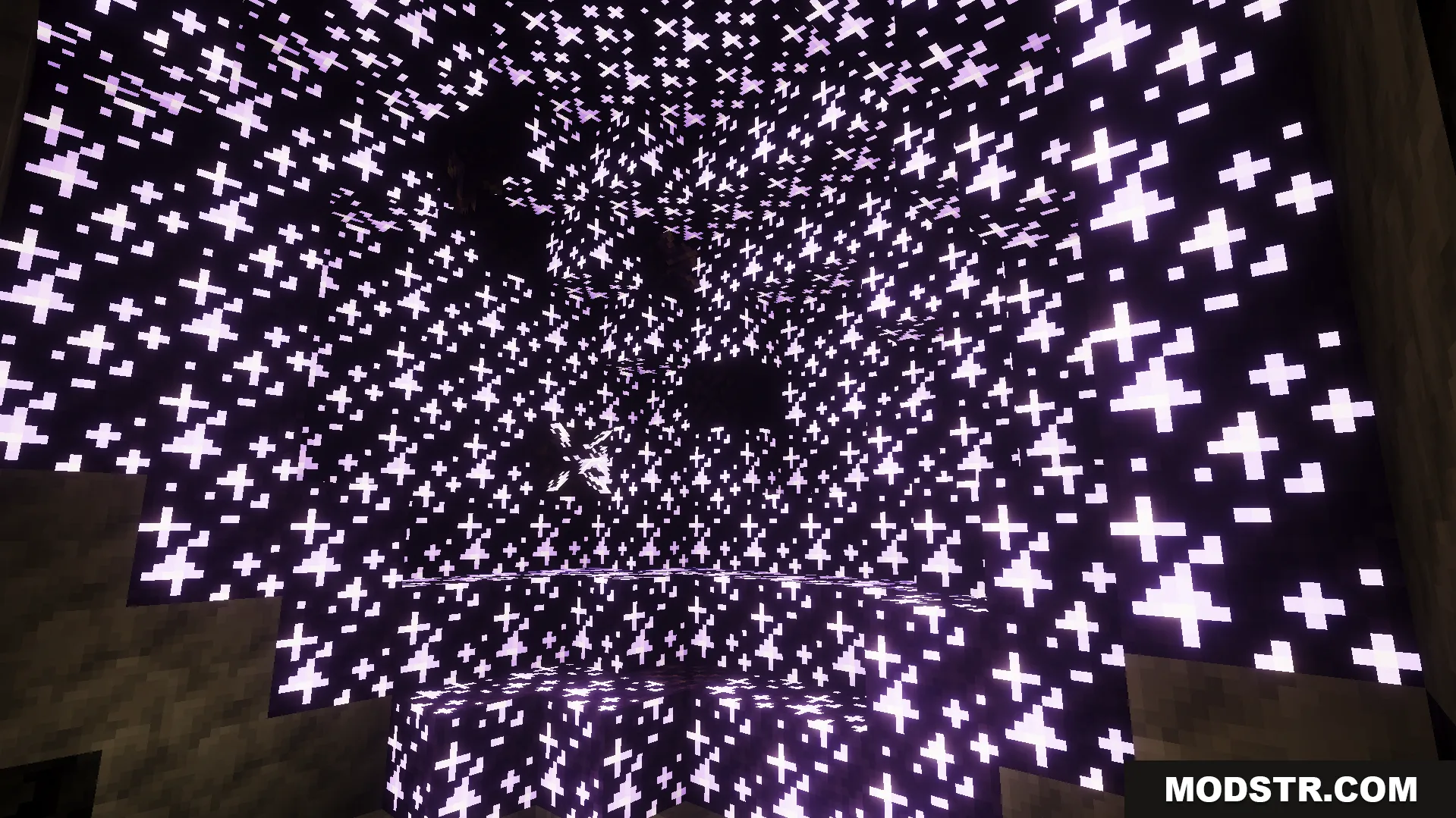 RG Visuals Shader Screenshot 1 Glowing purple cross patterns illuminate the walls of a dark cave environment
