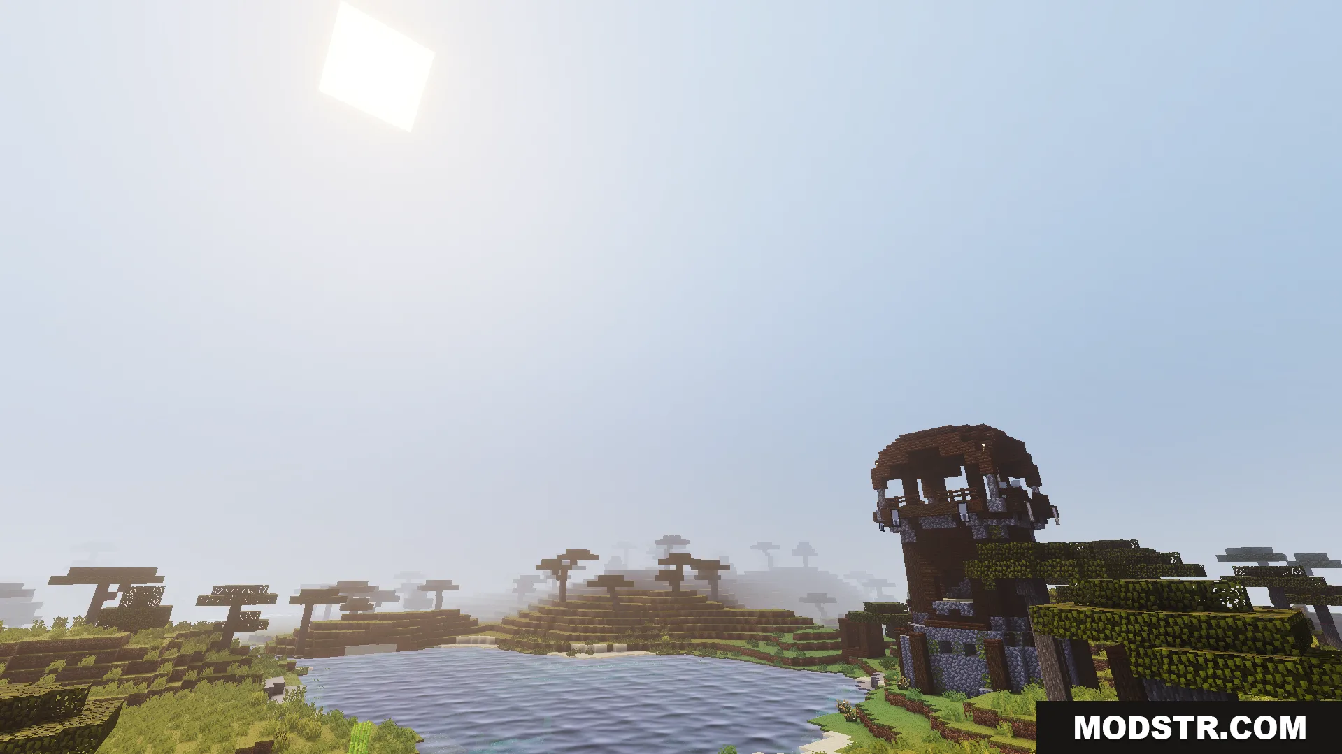 RG Visuals Shader Screenshot 11 Bright sun rays and dynamic fog enhance an outpost with realistic water reflections