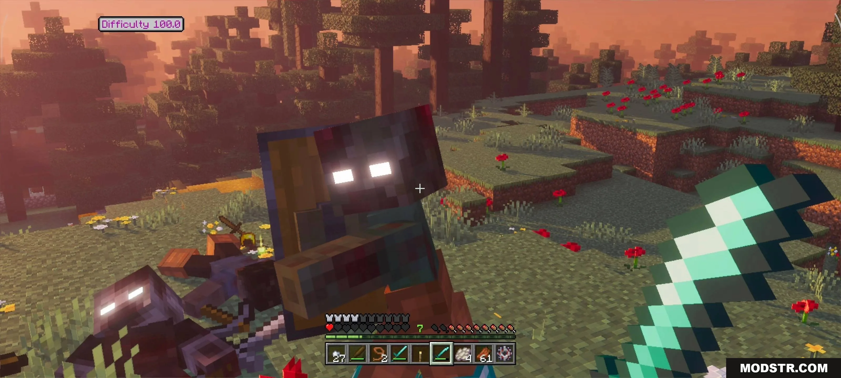 Zombie with glowing eyes holding a shield during a high difficulty sunset encounter