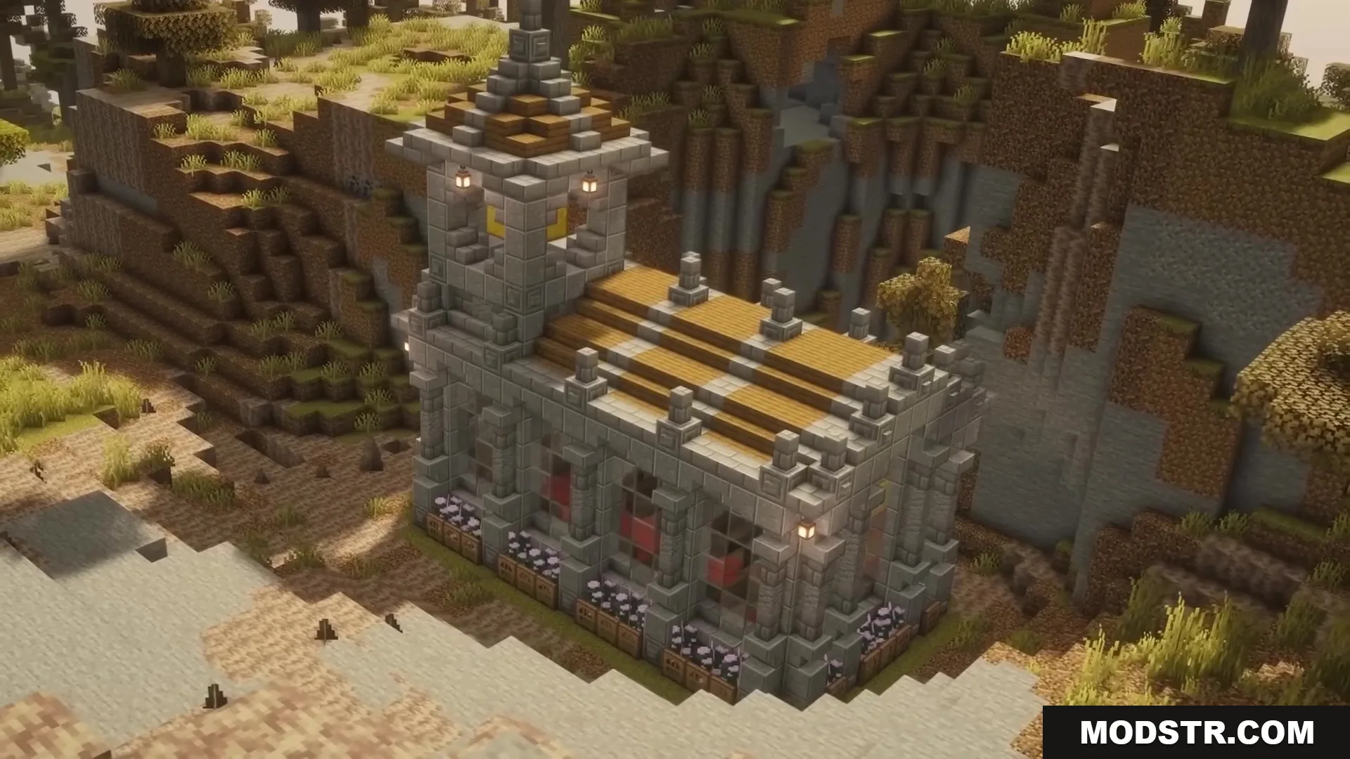 Road Weaver Mod Screenshot 2 A stone brick church with a bell tower built near a cliffside
