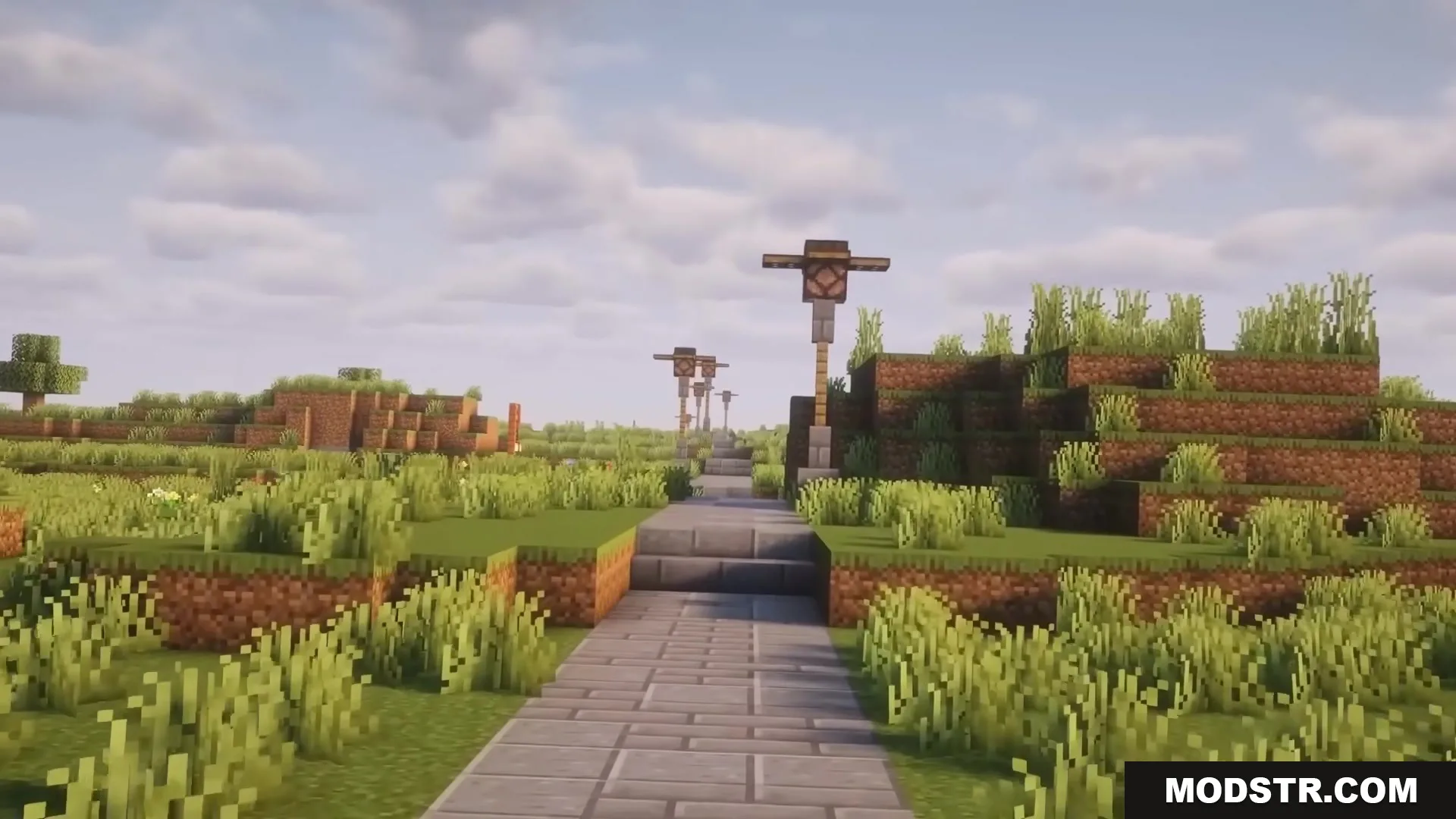 Road Weaver Mod Screenshot 6 A stone brick road with lamp posts built by the Road Weaver Mod