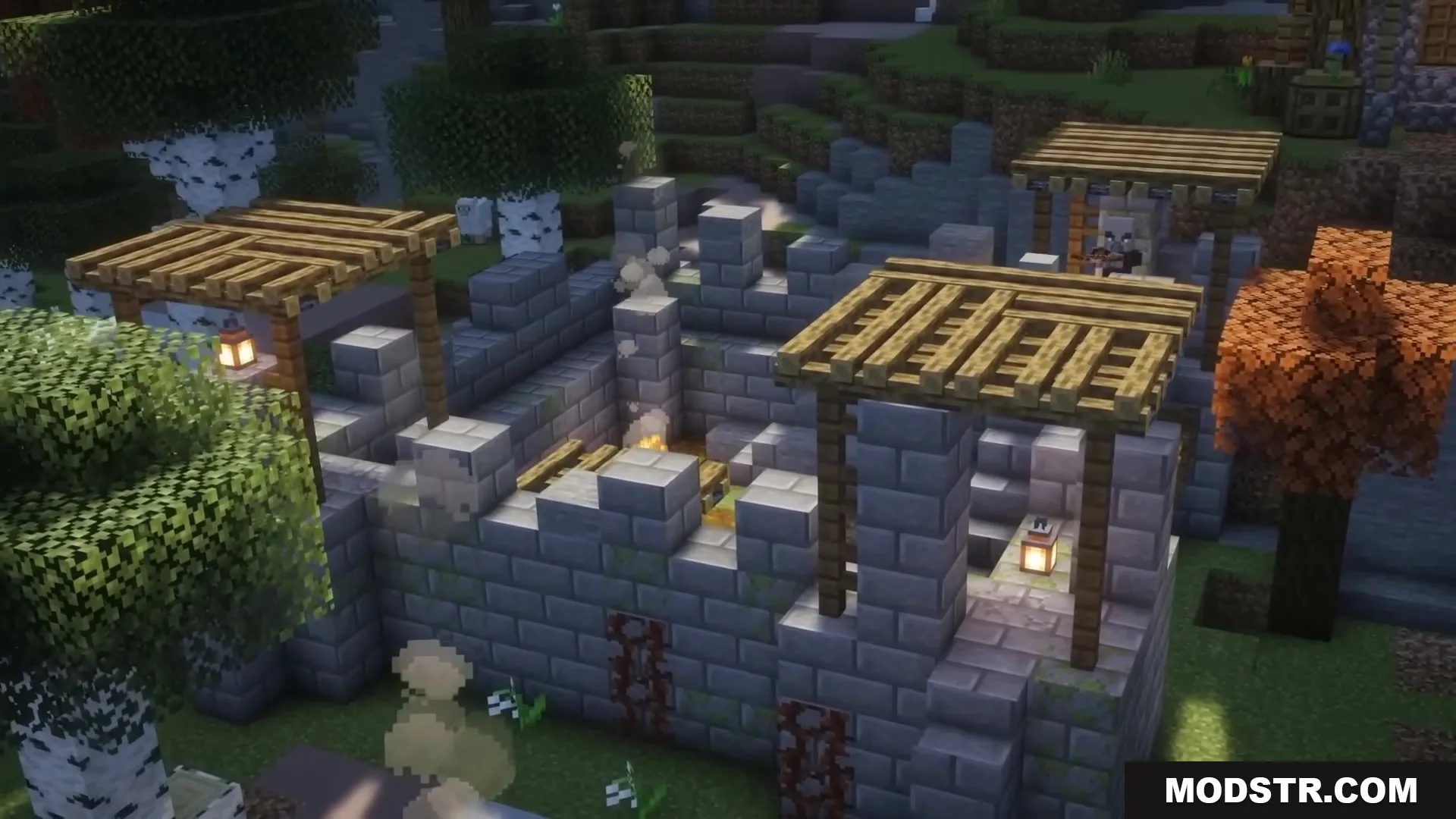 Road Weaver Mod Screenshot 1 A stone brick fortress with wooden awnings and a warm campfire