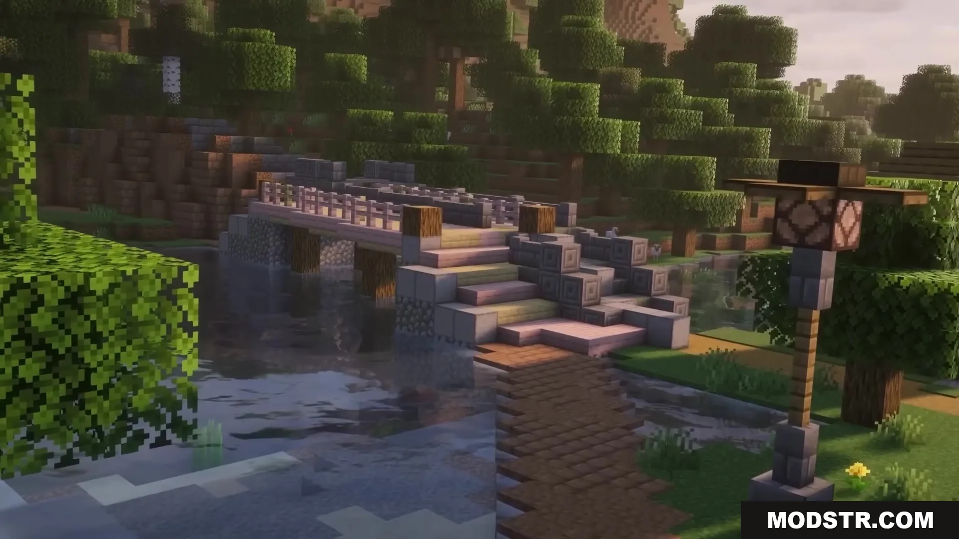 Road Weaver Mod Screenshot 3 Road Weaver Mod builds a stone bridge with redstone lamps across a river