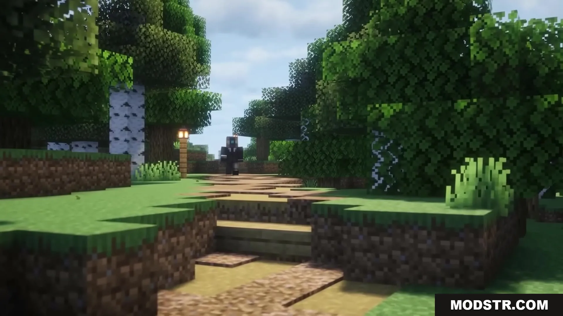 Road Weaver Mod Screenshot 12 A player walks along a winding dirt path through a dense green forest