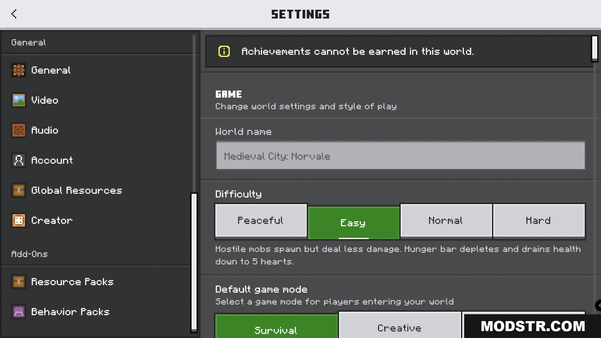 Minecraft settings menu showing world configuration for the Roll and Stamina Addon