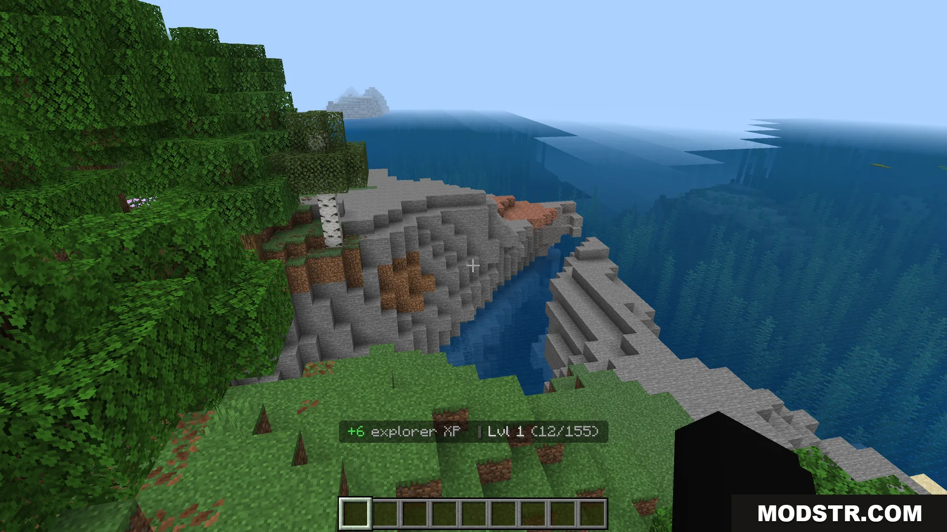 RPG Skills and Prestige Evolved Addon Screenshot 2 Player gaining explorer experience points while traveling through a coastal Minecraft biome