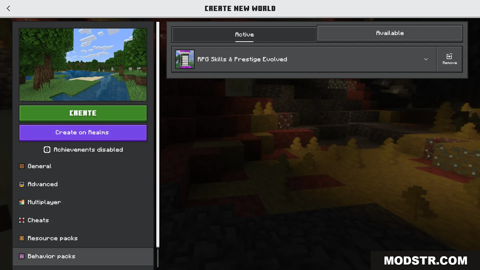 RPG Skills and Prestige Evolved Addon Screenshot 1 Minecraft world creation menu showing the active RPG Skills and Prestige Evolved addon
