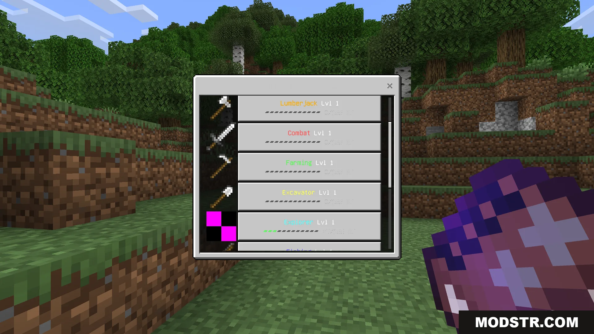 RPG Skills and Prestige Evolved Addon Screenshot 4 Skill list menu showing experience progress for lumberjack combat and farming branches