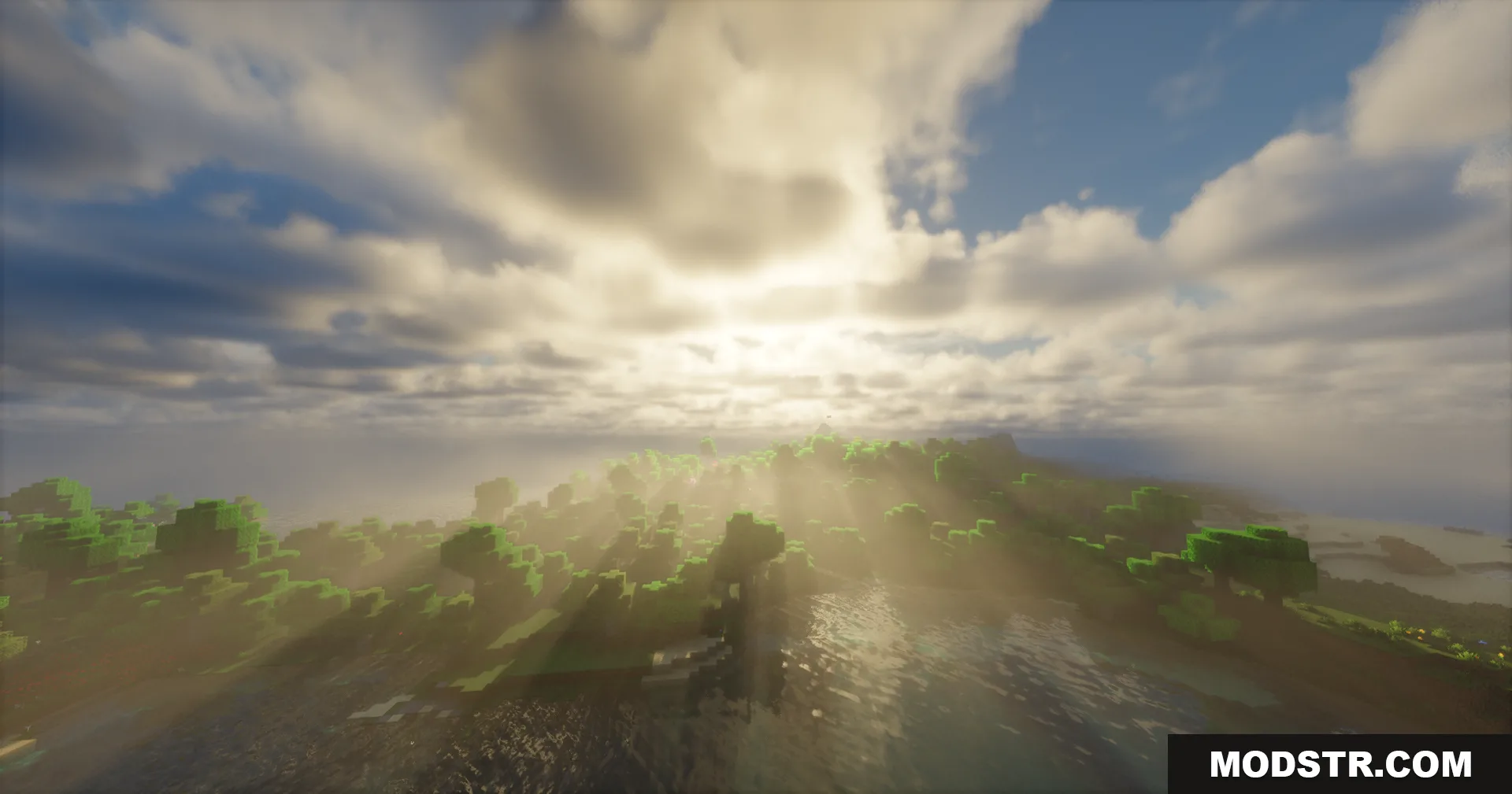 Rrtt217 S Hdr Mod Screenshot 10 Bright sunbeams shining through clouds over a forest and water landscape
