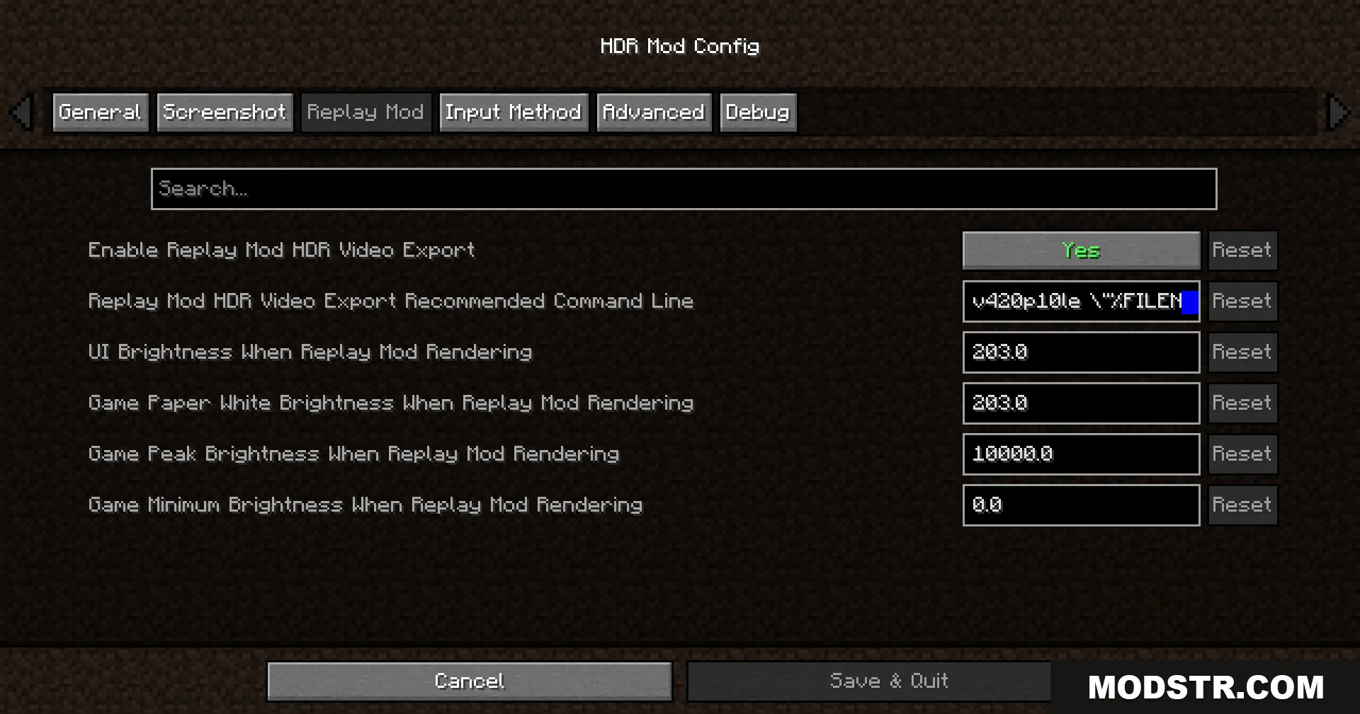 Rrtt217 S Hdr Mod Screenshot 4 Configuration menu displaying replay mod settings for high dynamic range video export