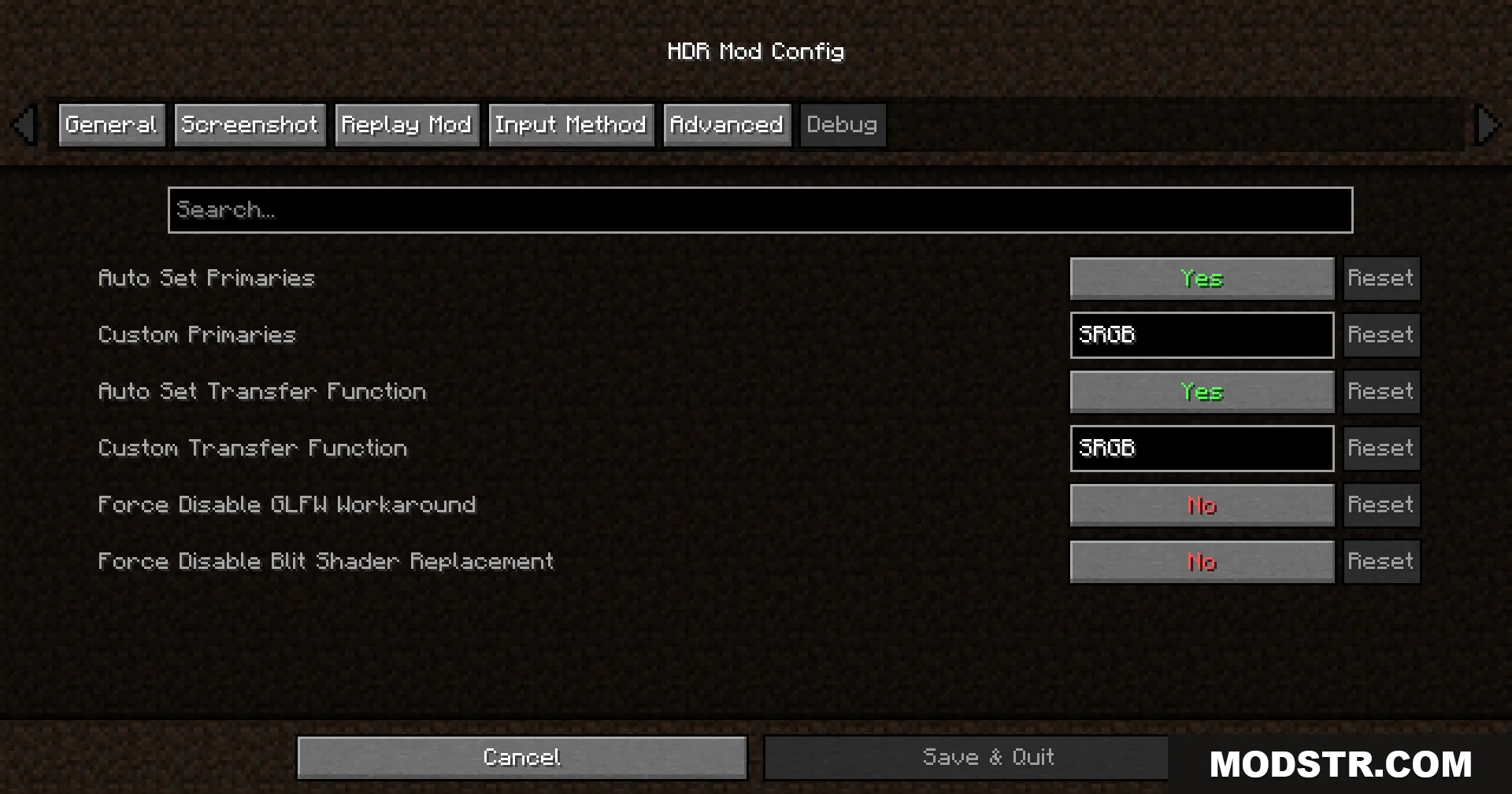 Rrtt217 S Hdr Mod Screenshot 6 HDR Mod Config menu displaying the Advanced tab options in Minecraft