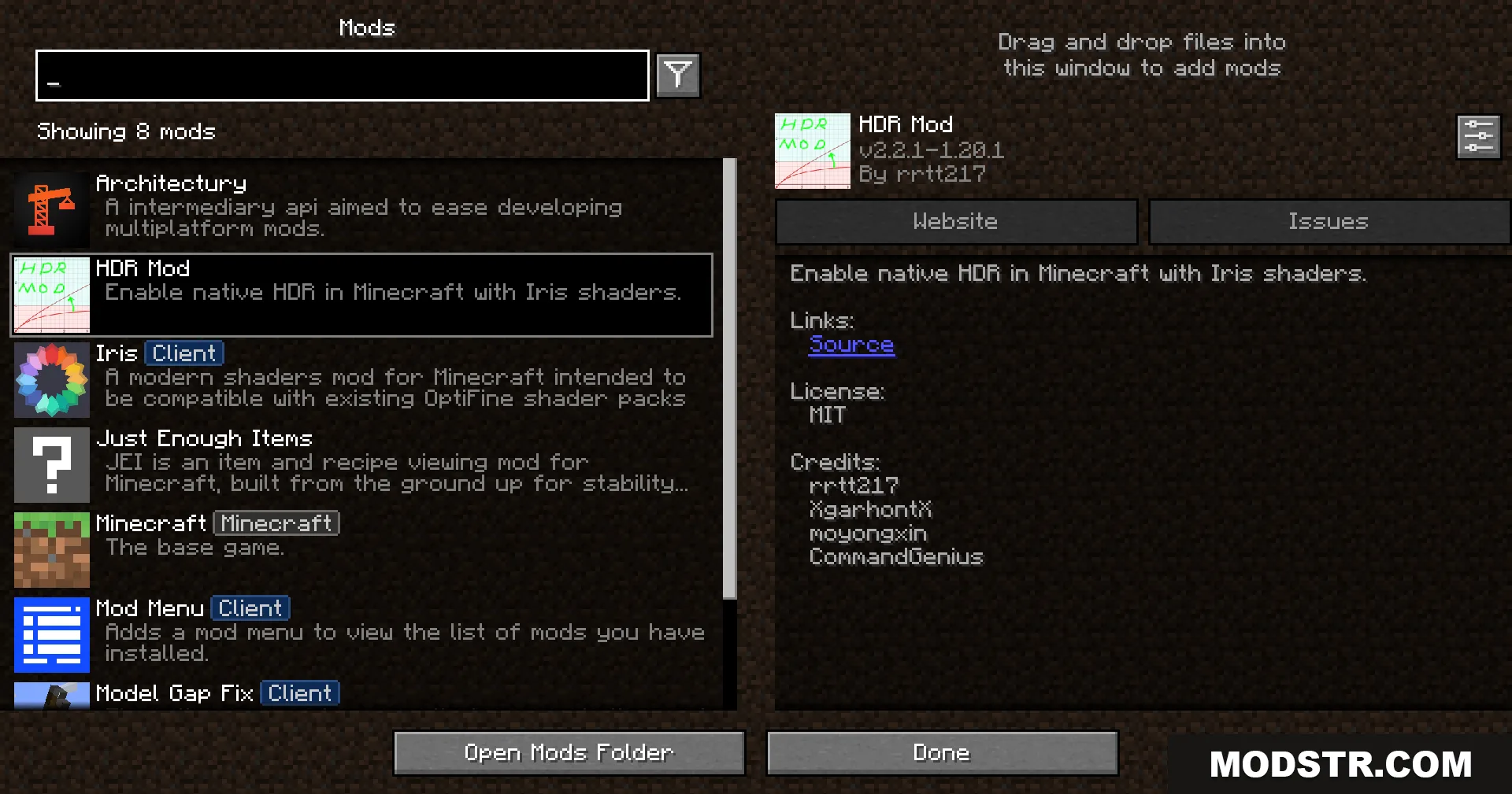 Rrtt217 S Hdr Mod Screenshot 1 A list of installed modifications in the game menu