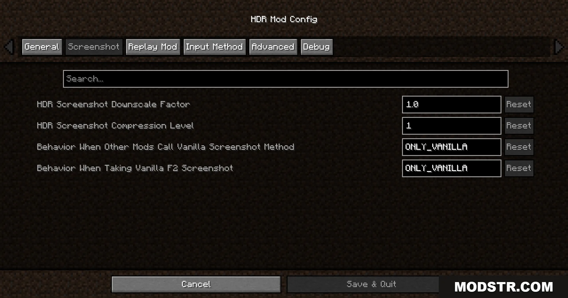 Rrtt217 S Hdr Mod Screenshot 3 Minecraft configuration menu showing screenshot settings for high dynamic range lighting