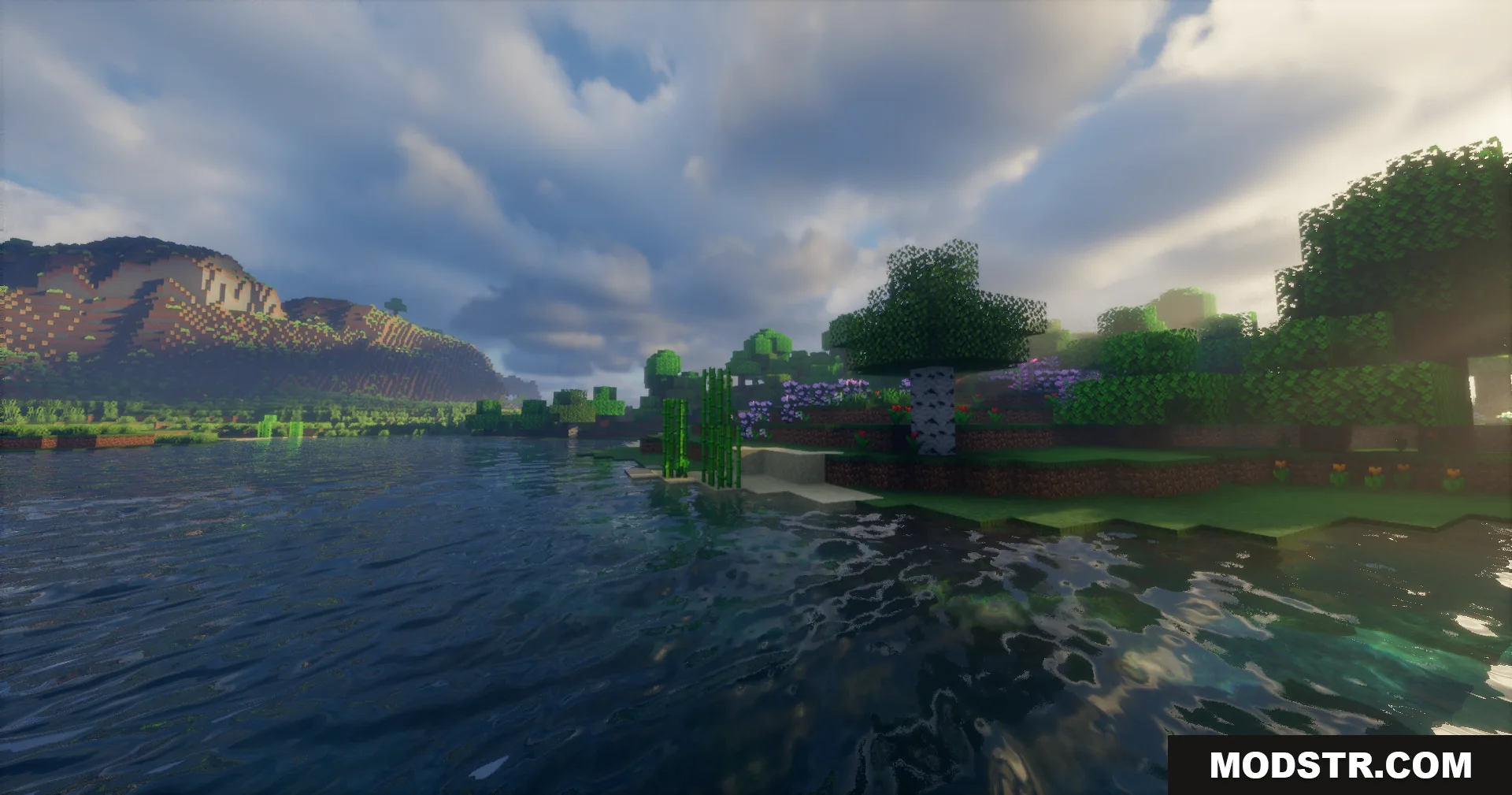 Rrtt217 S Hdr Mod Screenshot 12 Scenic Minecraft landscape featuring detailed water reflections mountains and realistic sky