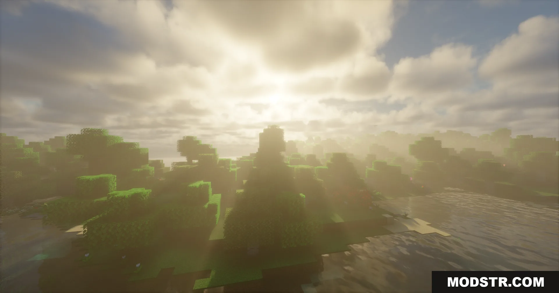 Rrtt217 S Hdr Mod Screenshot 11 Bright sunlight shining through trees over water with HDR lighting effects