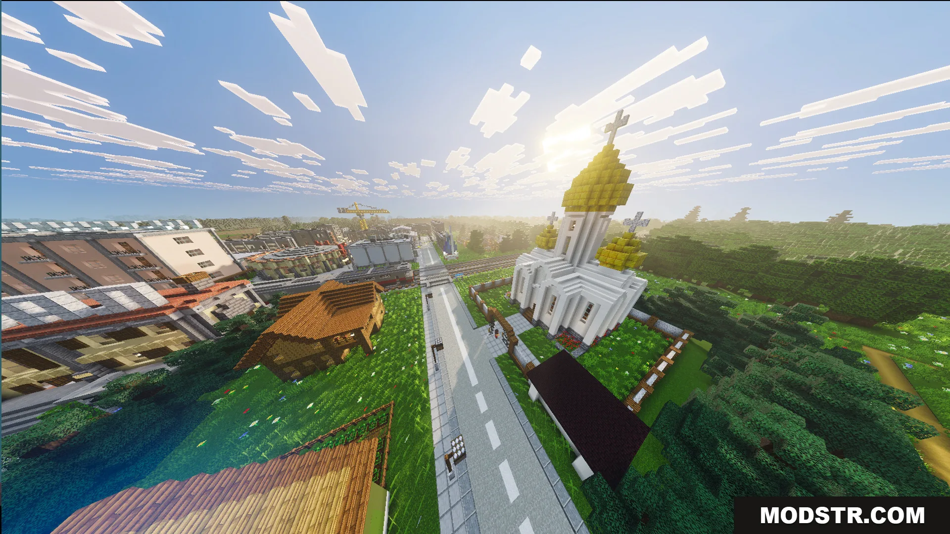 Russ Big City Reborn Map Screenshot 2 A beautiful white church with golden domes stands next to a city street