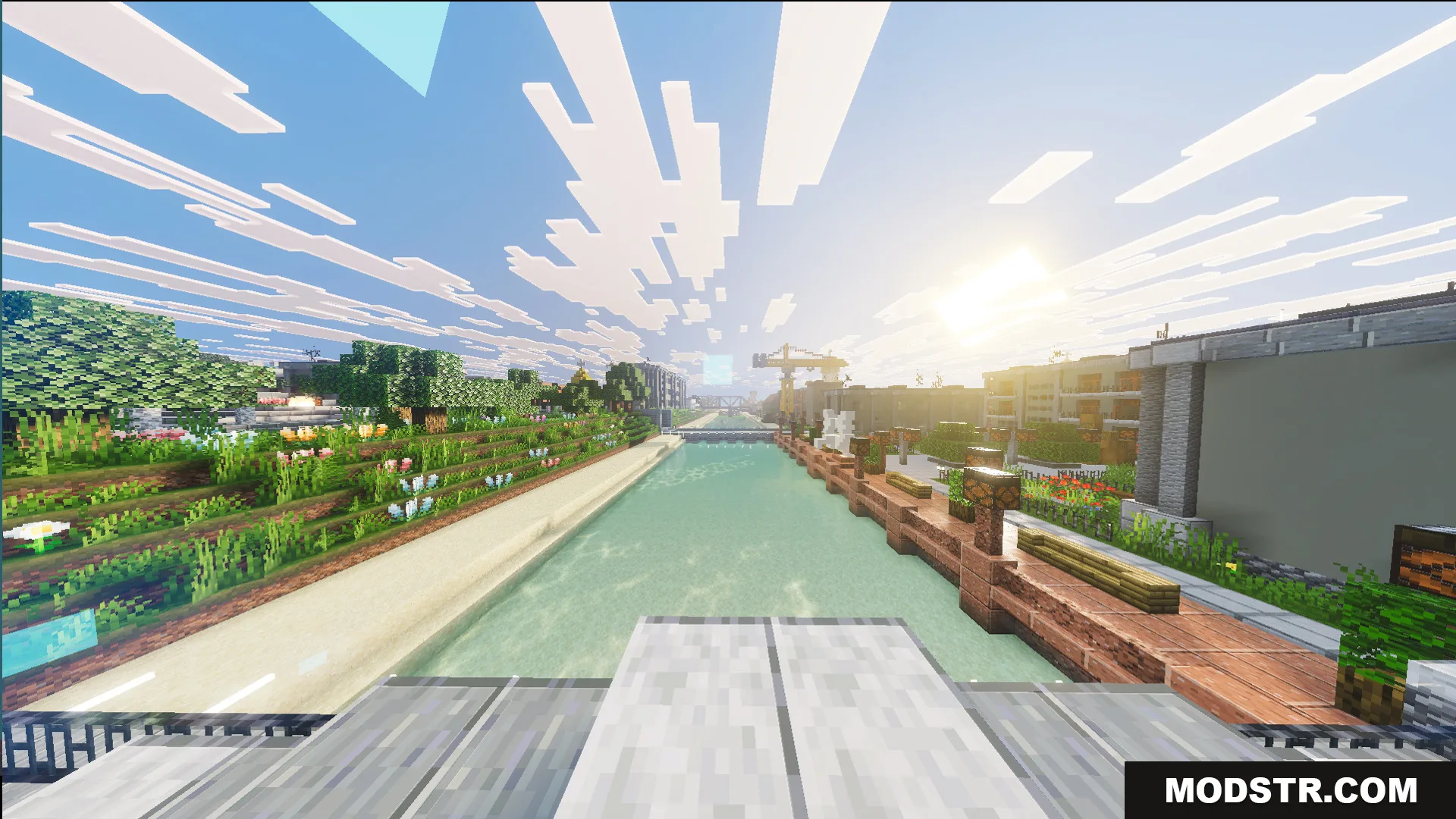 Russ Big City Reborn Map Screenshot 5 A peaceful river canal with a wooden walkway and flowers at sunset