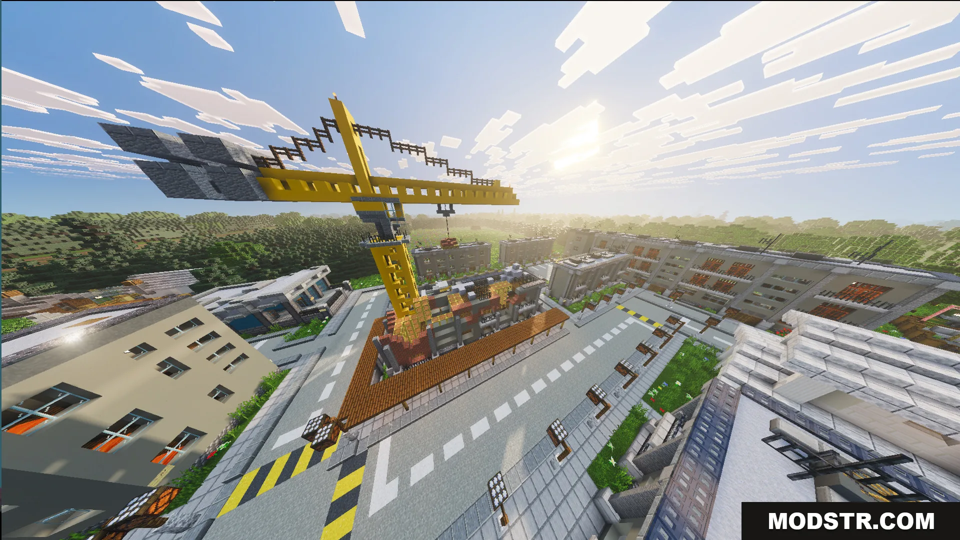 Russ Big City Reborn Map Screenshot 3 A massive yellow crane towers over buildings in Russ Big City Reborn Map