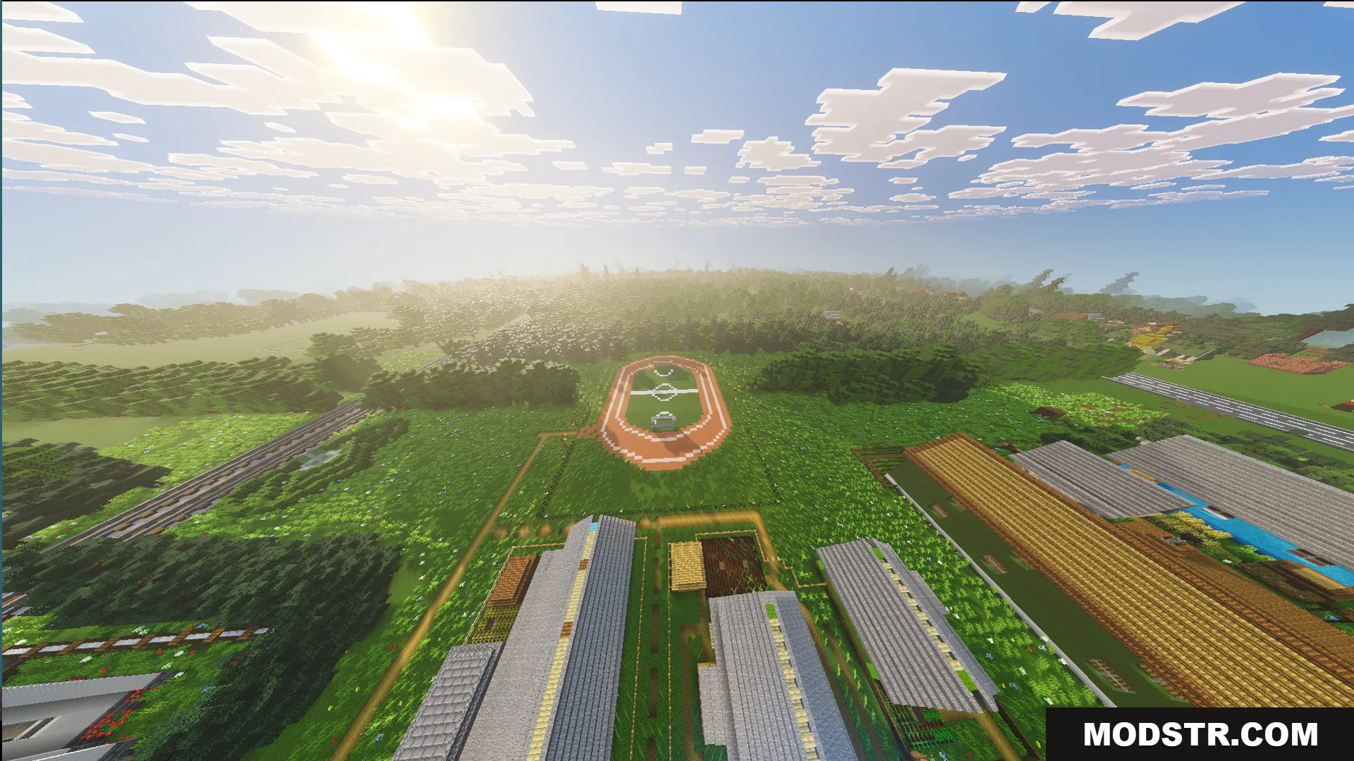 Russ Big City Reborn Map Screenshot 1 Aerial view of a large running track and industrial buildings in Soviet city