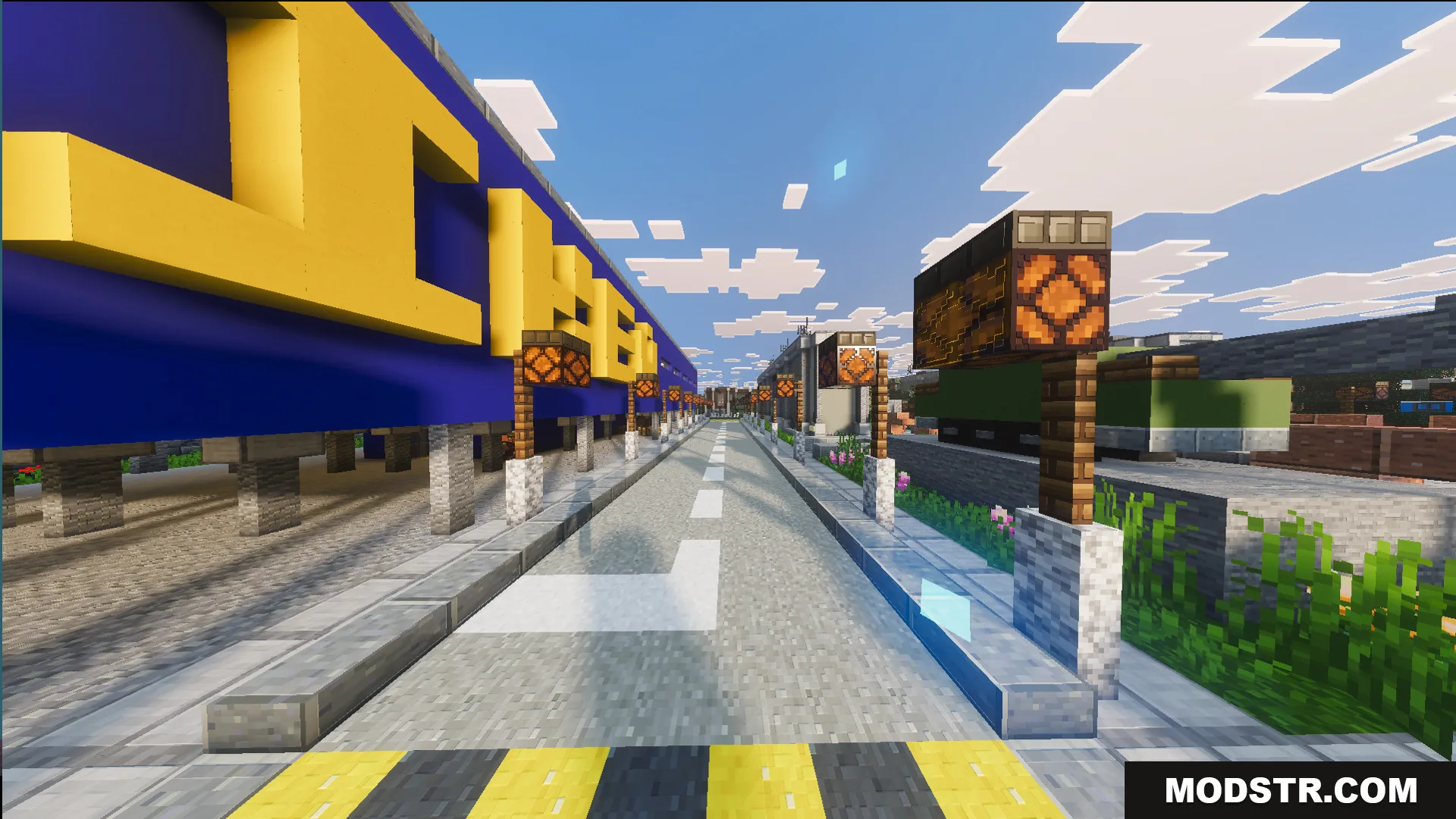 Russ Big City Reborn Map Screenshot 6 A city street with a large blue and yellow furniture shop and street lamps