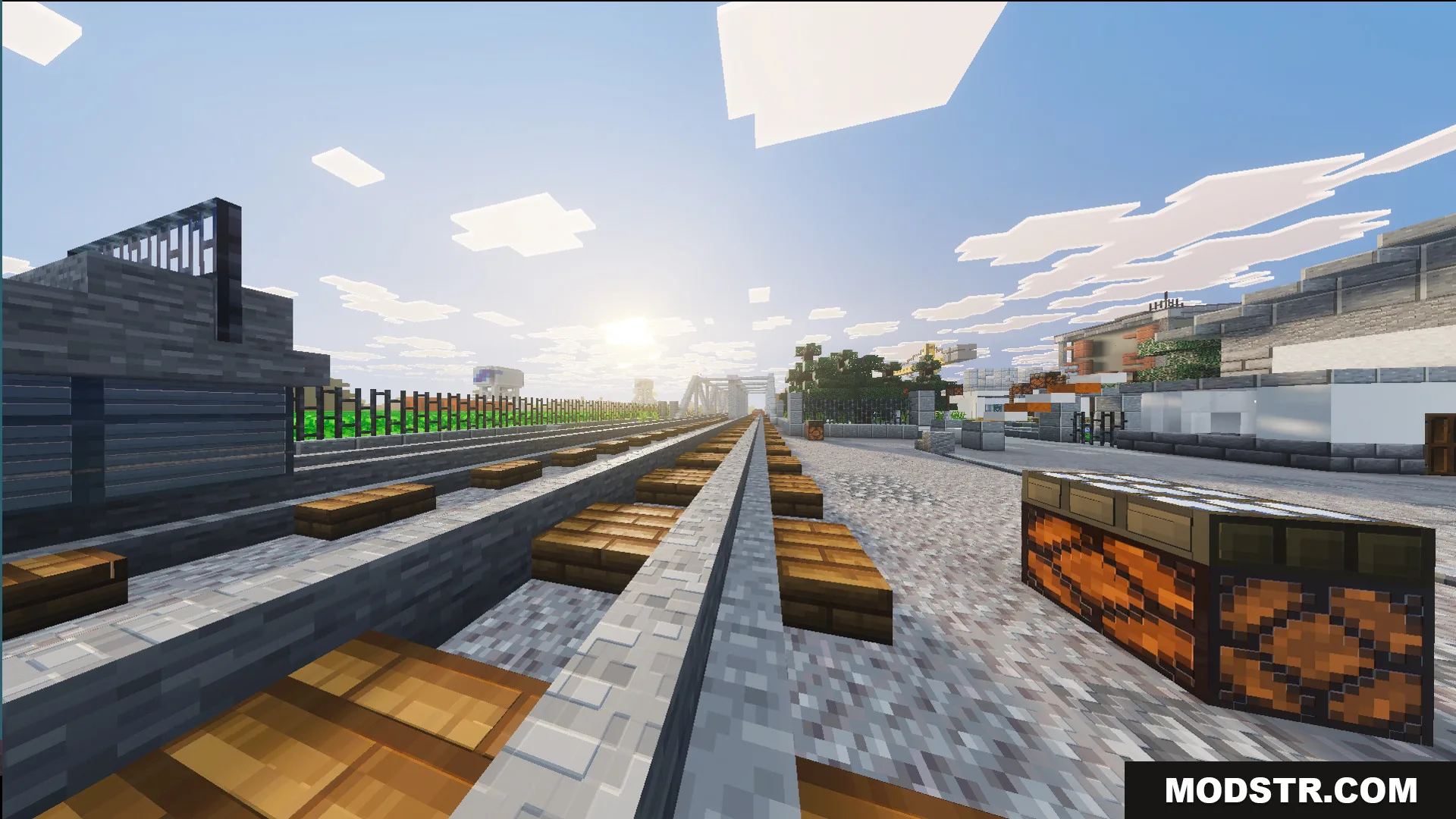 Russ Big City Reborn Map Screenshot 9 Railway tracks with wooden sleepers leading towards a city at sunset