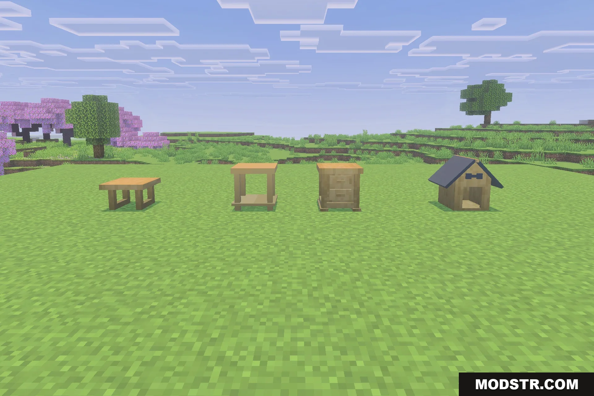 Various wooden furniture items including a dog house on a grassy field