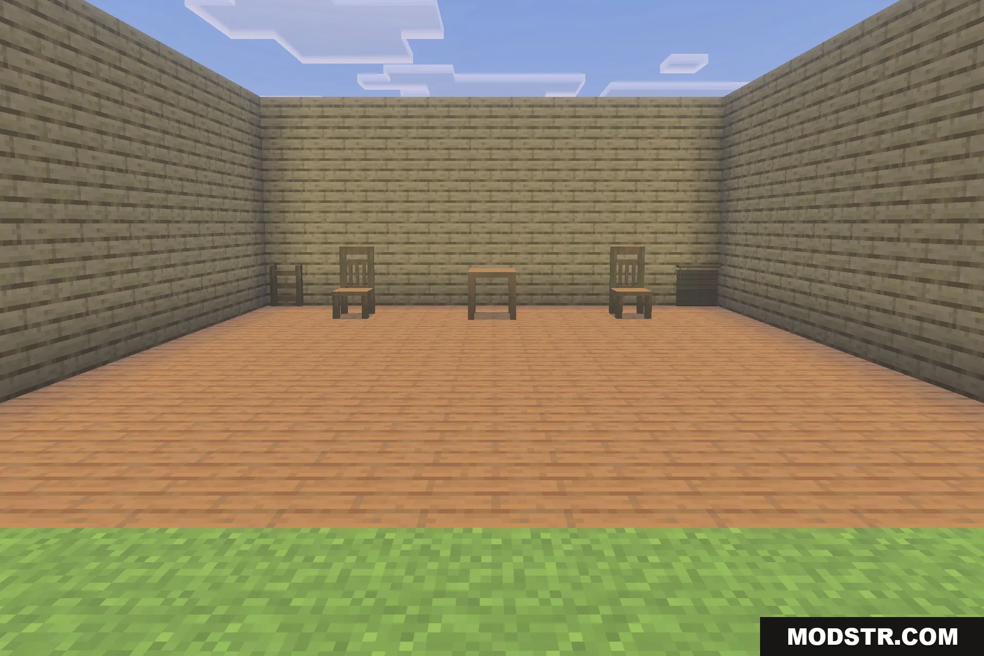 A wooden room interior with two chairs and a small center table