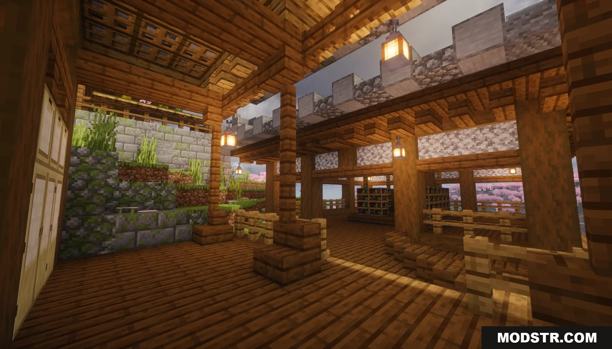 Sakura Pagoda Map Screenshot 9 Interior of a traditional Japanese wooden building with hanging lanterns and pillars
