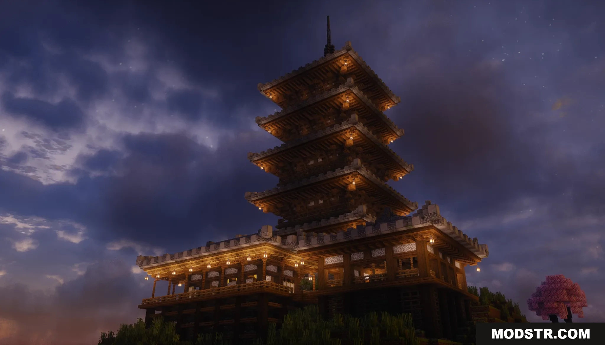 Sakura Pagoda Map Screenshot 8 Large multi tiered Japanese pagoda glowing with lanterns during the night