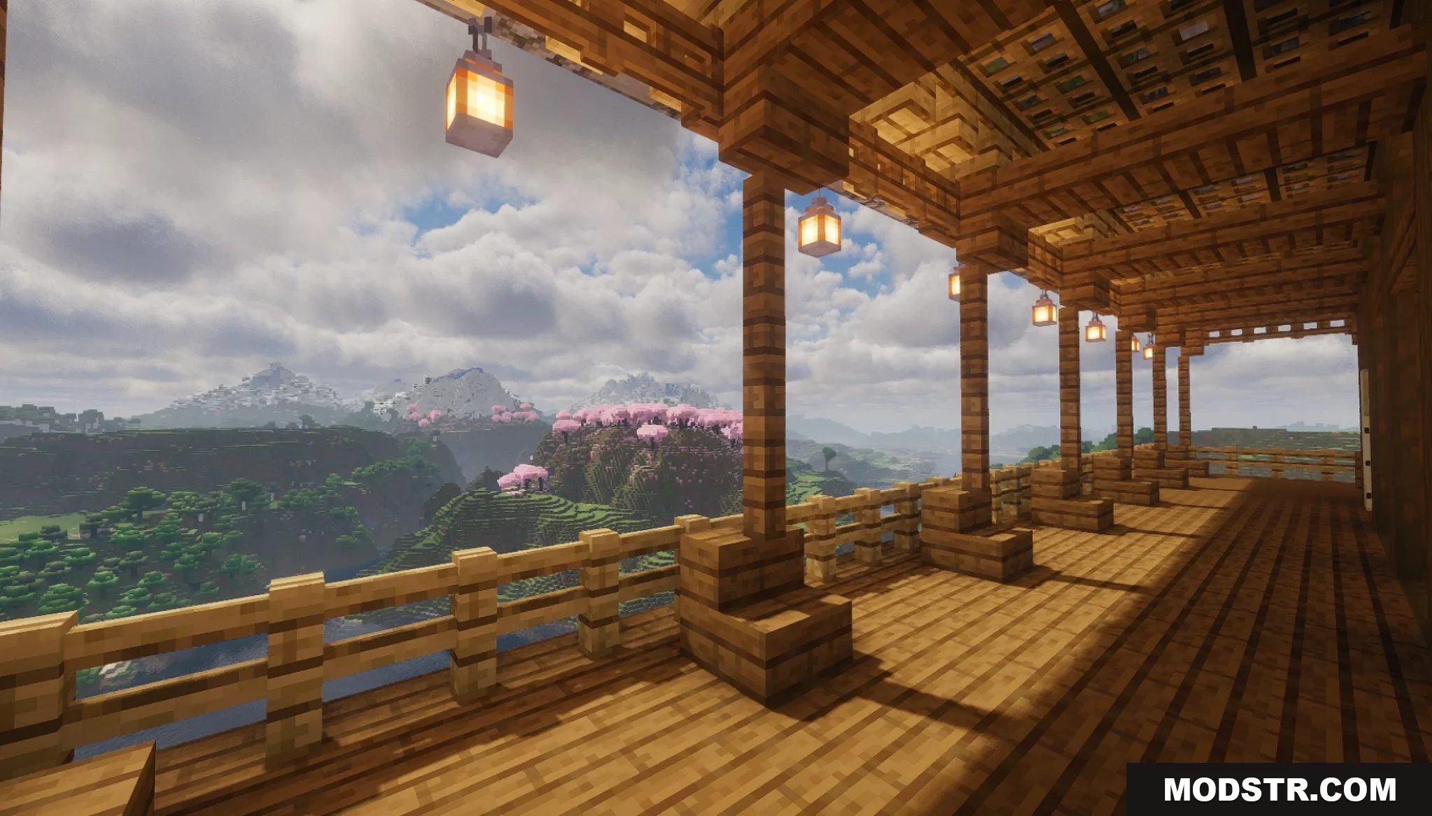 Sakura Pagoda Map Screenshot 7 Wooden balcony overlooking a scenic valley with pink cherry blossom trees