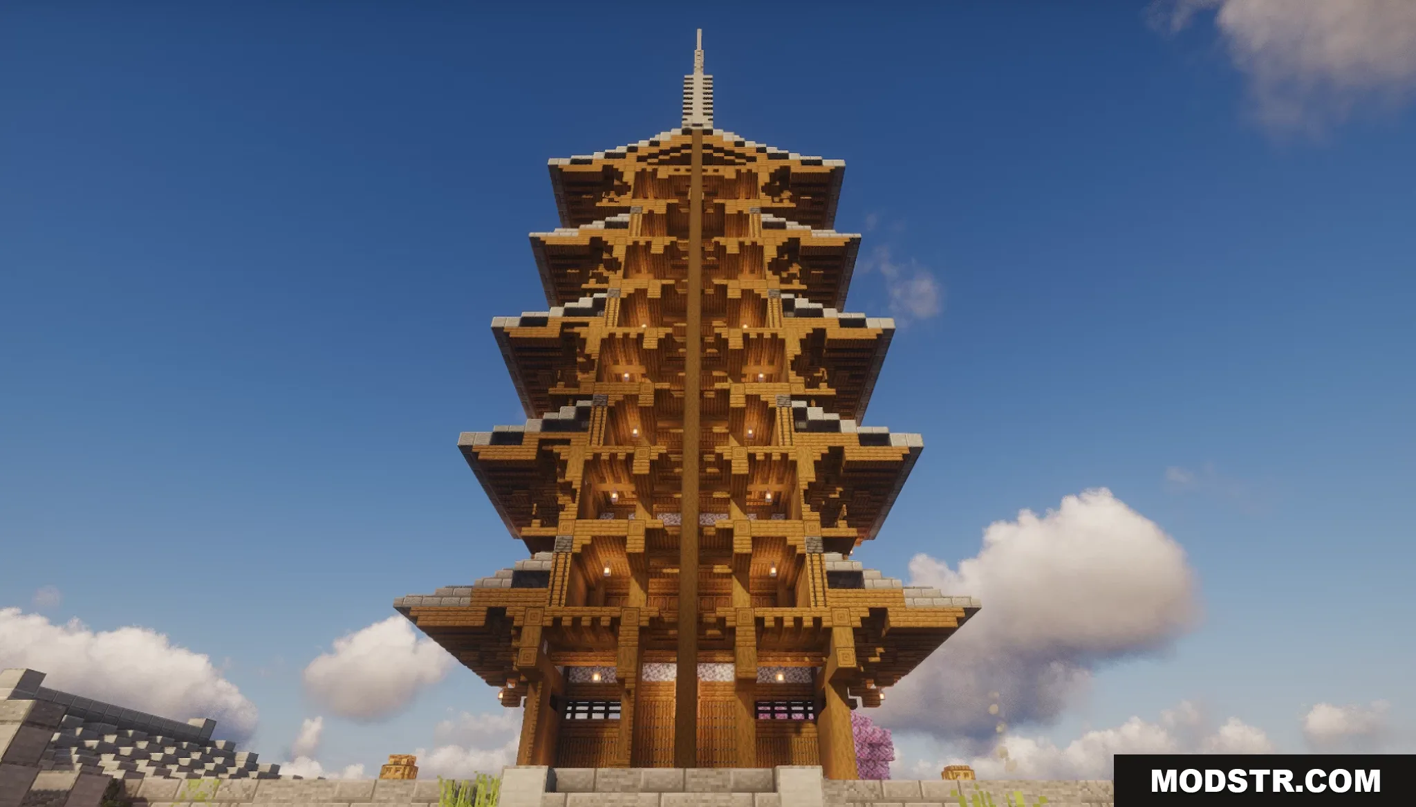 Sakura Pagoda Map Screenshot 6 Detailed low angle view of a tall wooden pagoda structure in Minecraft
