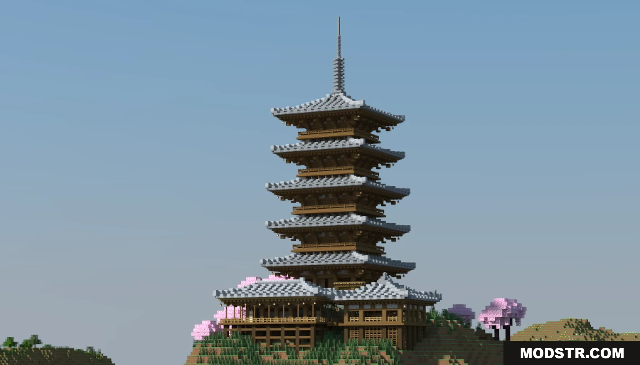 Sakura Pagoda Map Screenshot 1 A tall multi tiered Sakura Pagoda built on a grassy hill in Minecraft