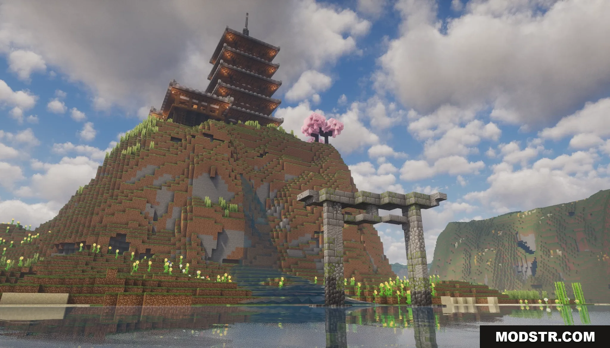 Sakura Pagoda Map Screenshot 4 Stone torii gate in water with a tall pagoda on a distant hill