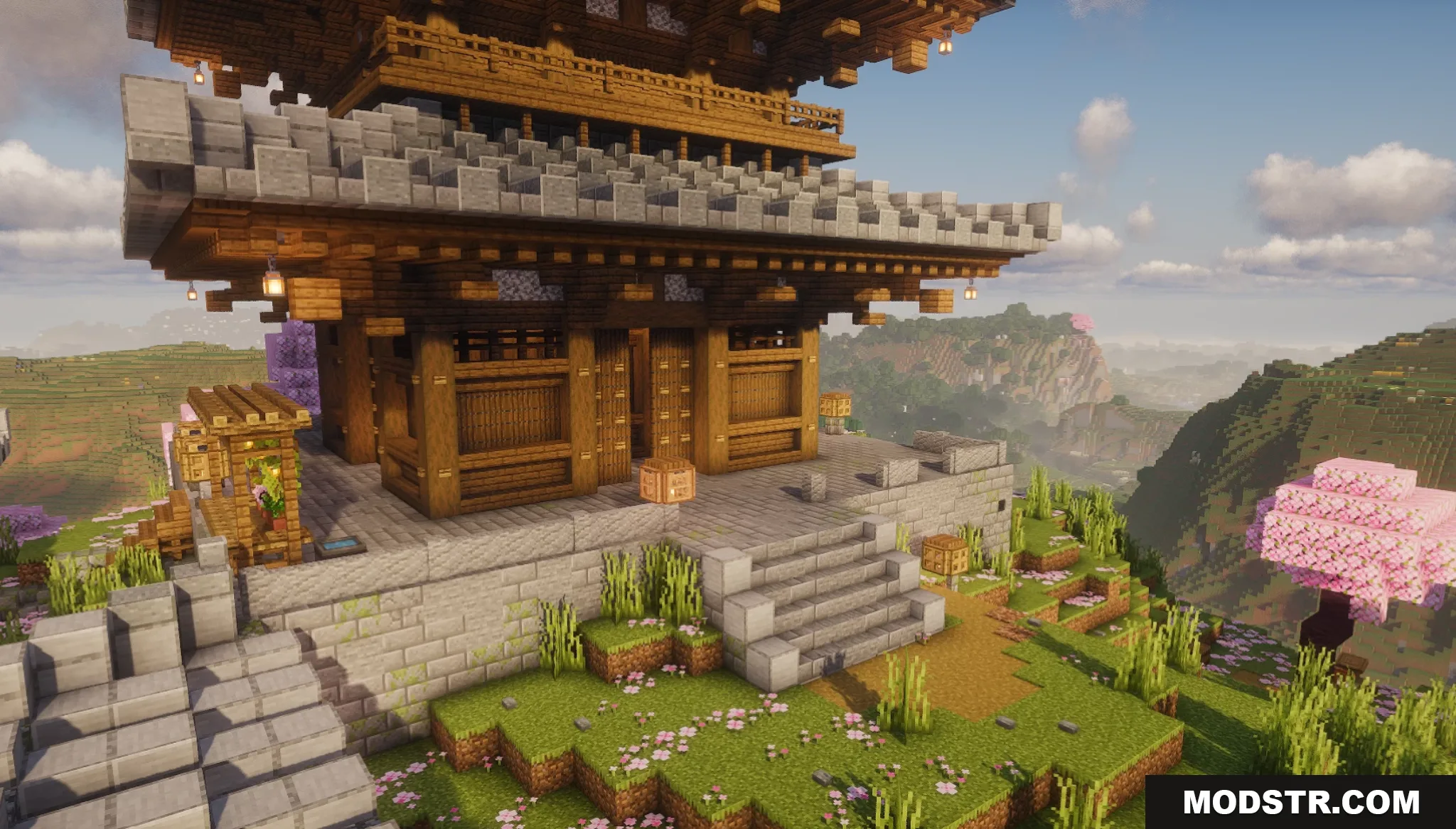 Sakura Pagoda Map Screenshot 2 Close up view of the base of a wooden Minecraft pagoda structure