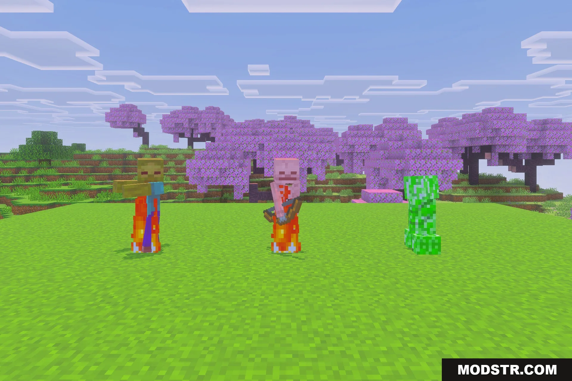Saturated for Bedrock Edition Texture Pack Screenshot 2 Burning zombie and skeleton standing next to a creeper in the sunlight