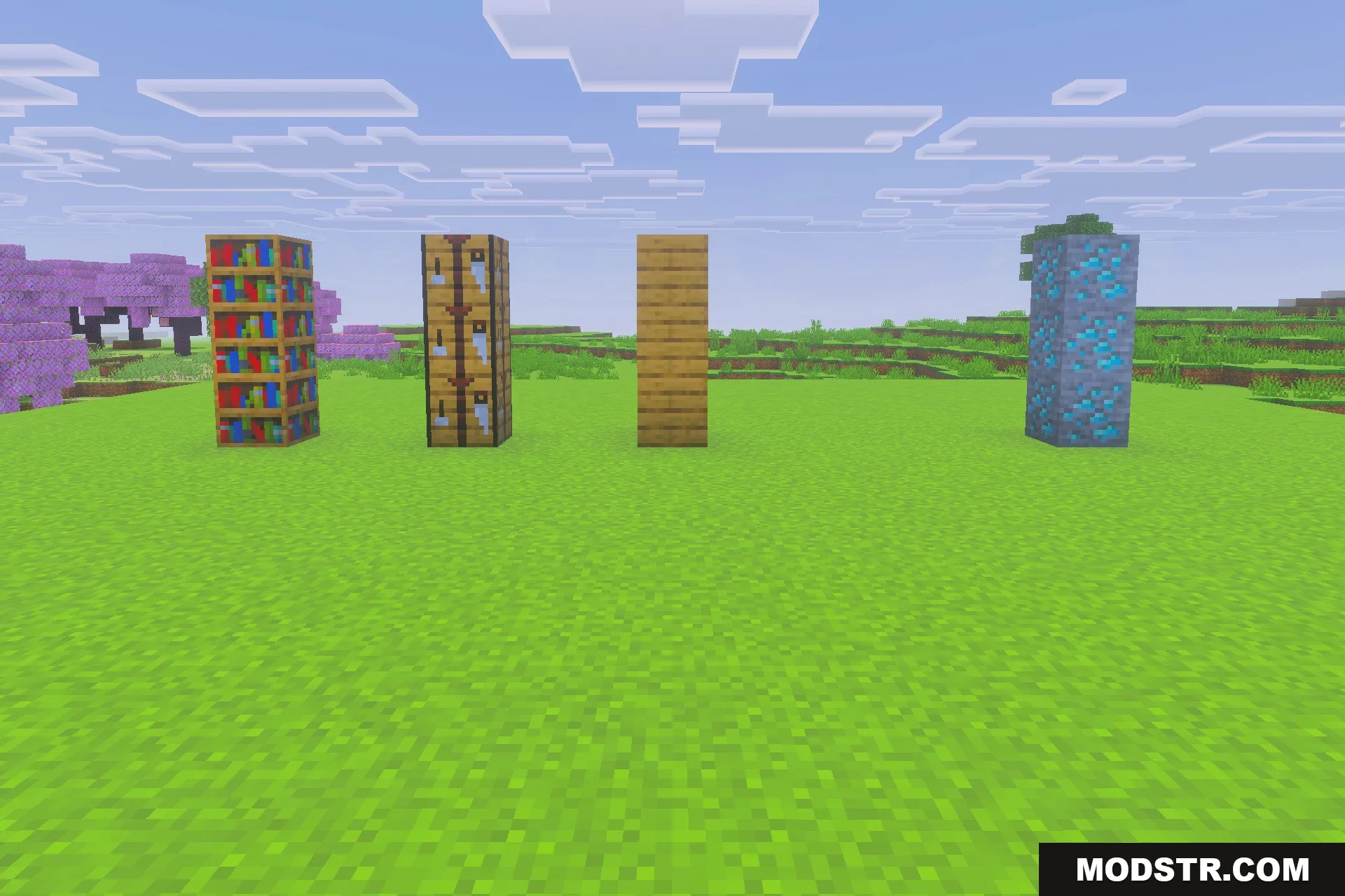 Saturated for Bedrock Edition Texture Pack Screenshot 4 Various Minecraft blocks displayed with vibrant colors on a green field