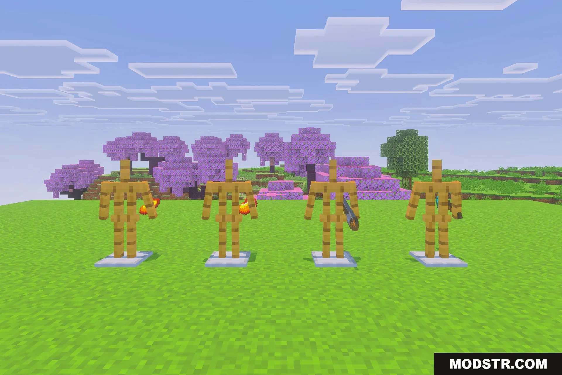Saturated for Bedrock Edition Texture Pack Screenshot 5 Four armor stands holding items on a vibrant green grass field
