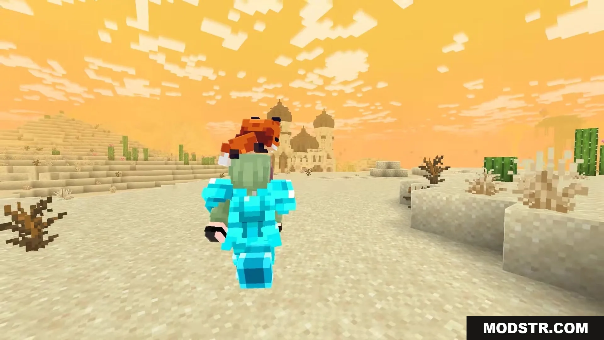 Scroll Walk Mod Screenshot 2 Player in diamond armor walking through a desert with a pet fox